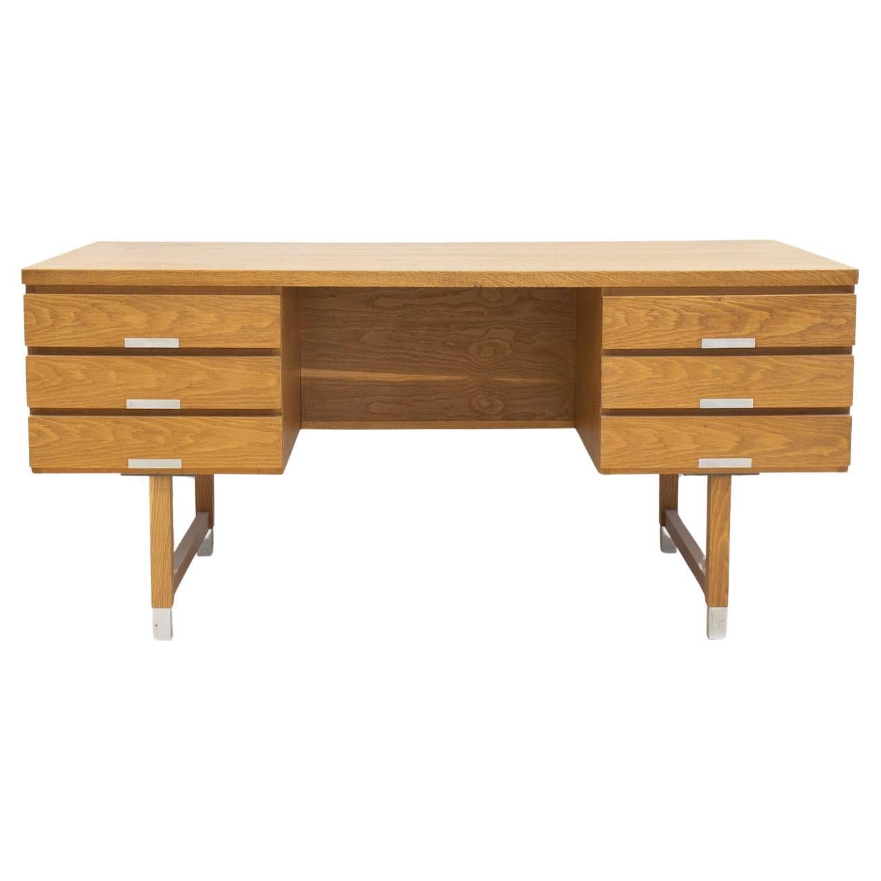 Oak Writing Desk with Aluminum Details Attributed to Kai Kristiansen For Sale