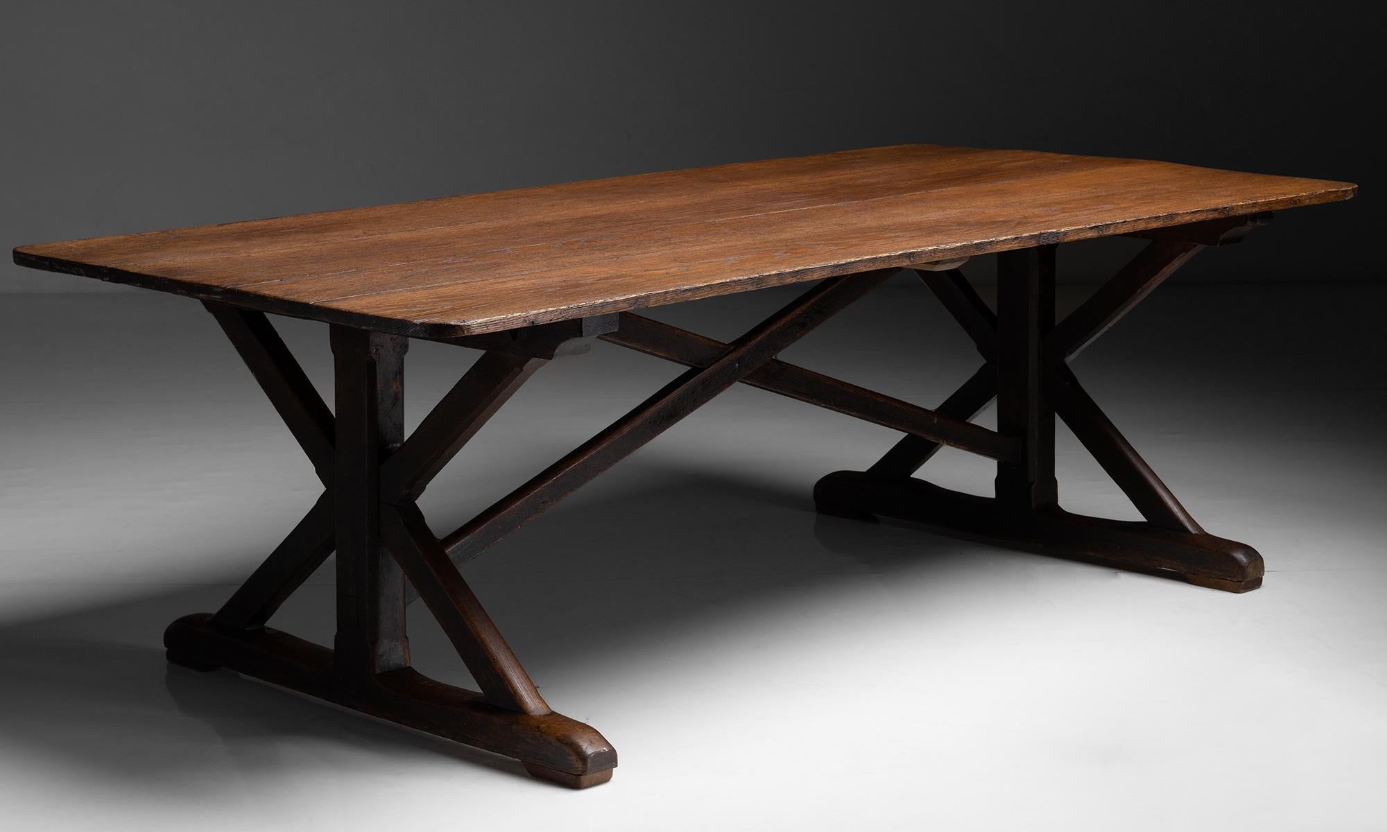 Oak X-Frame dining table

England circa 1880

Scrubbed oak top on pine base in period finish.

Measures: 84.25”L x 42.25”d x 27.75”h.

 