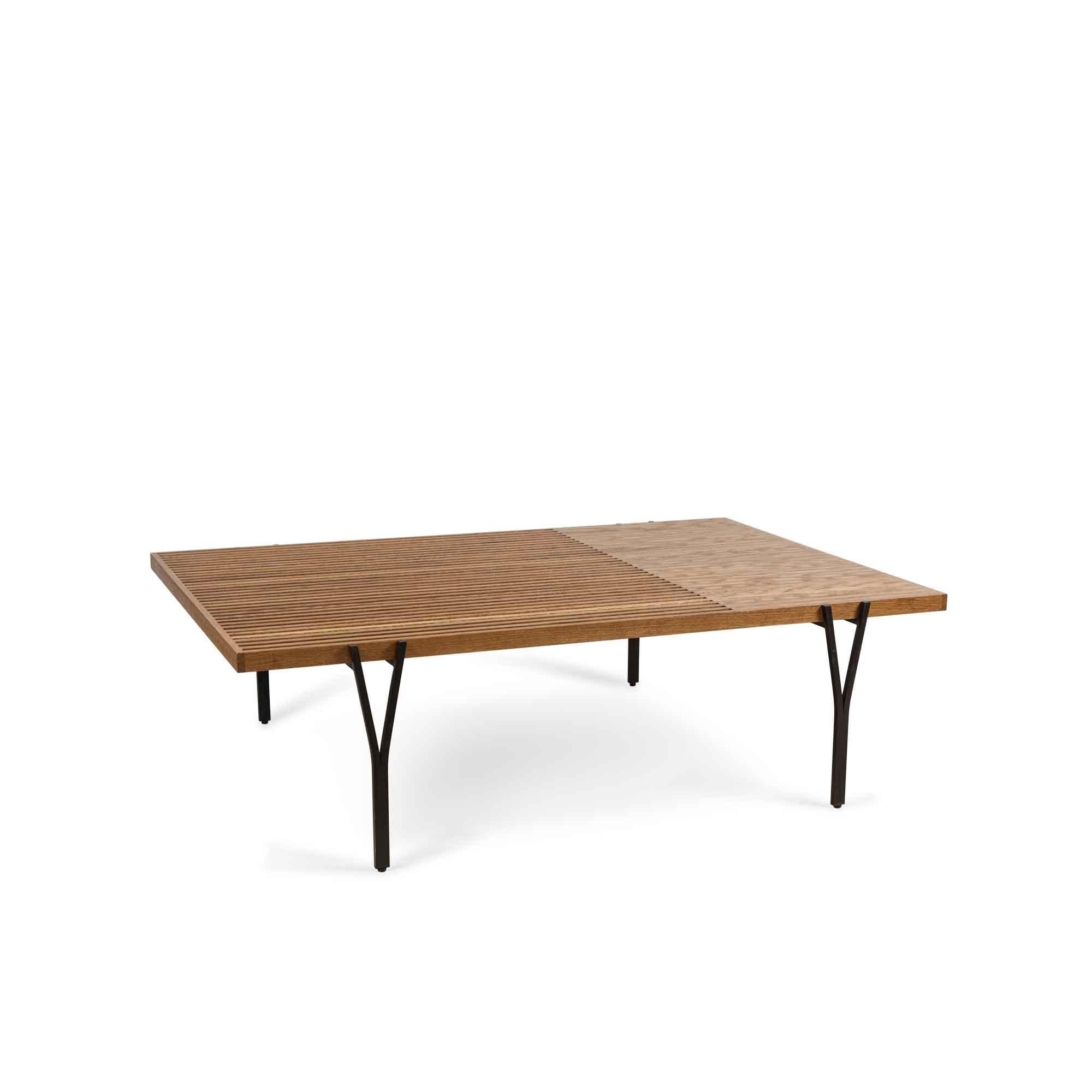 Oak Y-leg coffee table by Lawson-Fenning. The Y-leg coffee tabletop is composed of solid American walnut or white oak strips. Both ends of the table have visible dowel joinery which adds to the handcrafted feel and the strength of the table. The