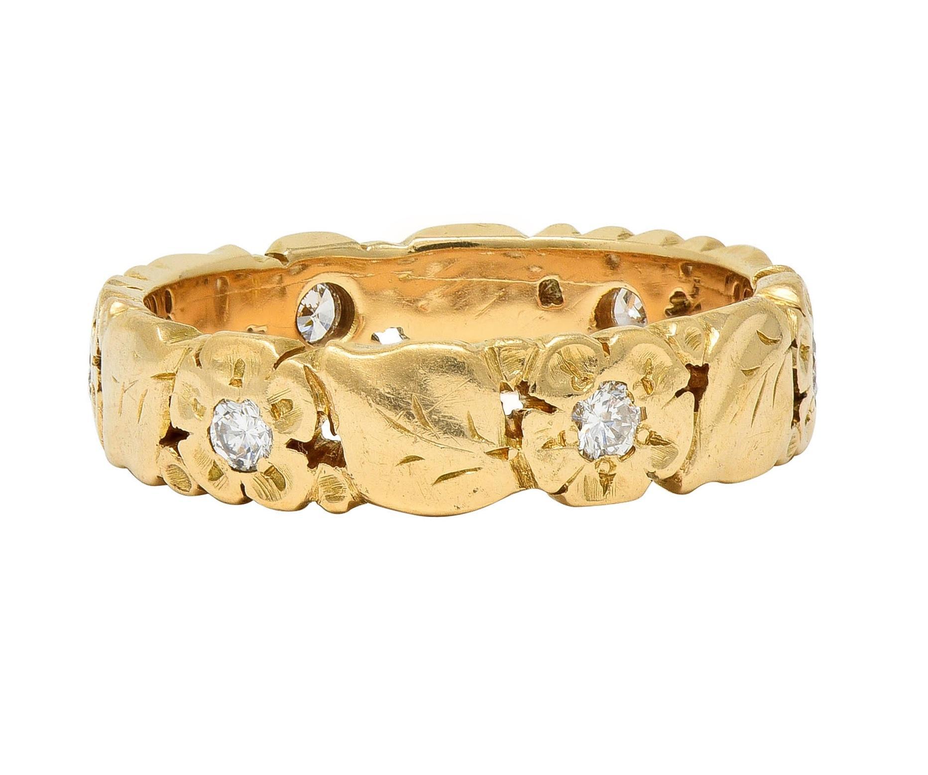 Women's or Men's Oakes Arts & Crafts Diamond 14 Karat Yellow Gold Antique Floral Band Ring