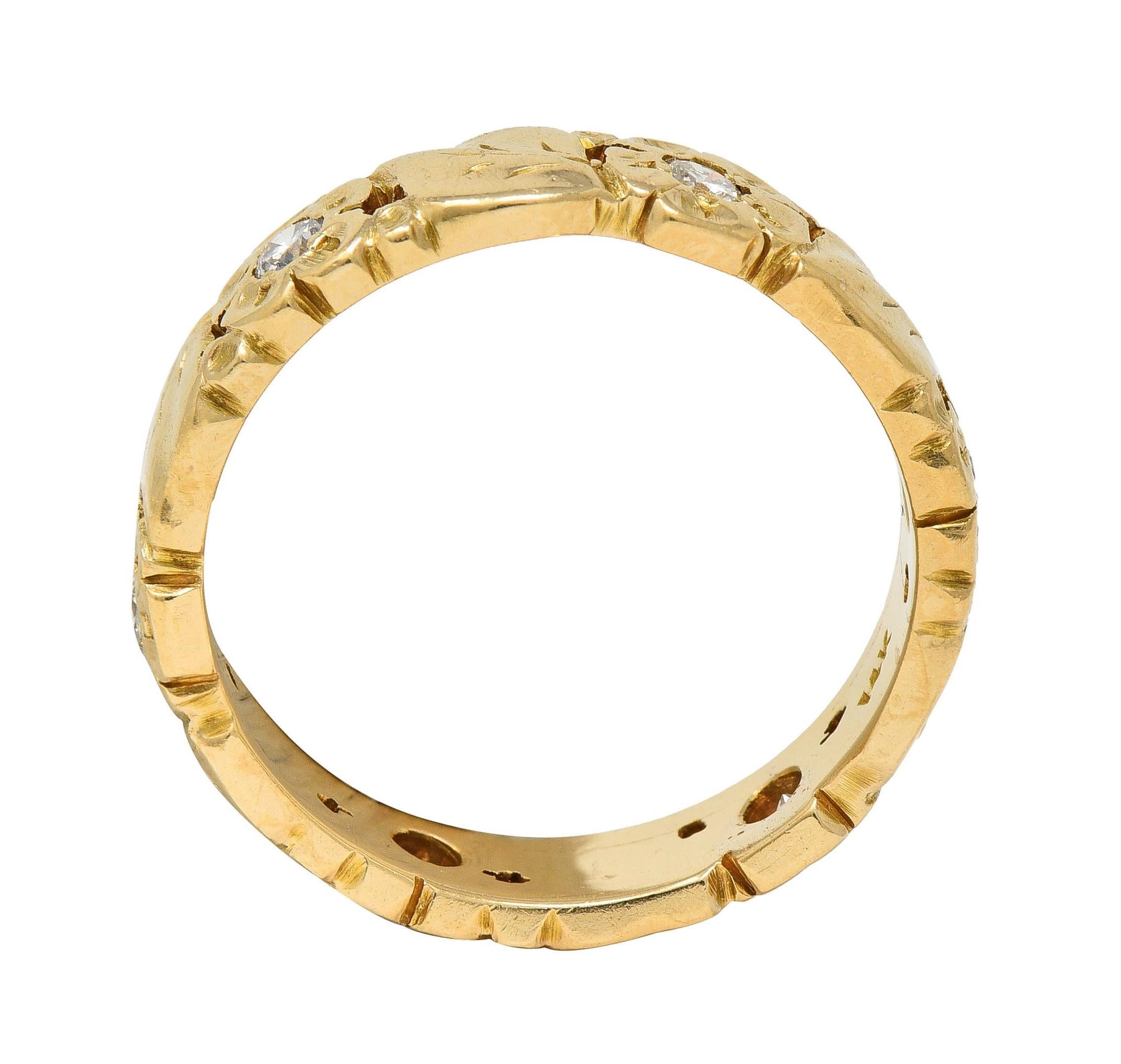 Oakes Arts & Crafts Diamond 14 Karat Yellow Gold Antique Floral Band Ring 1