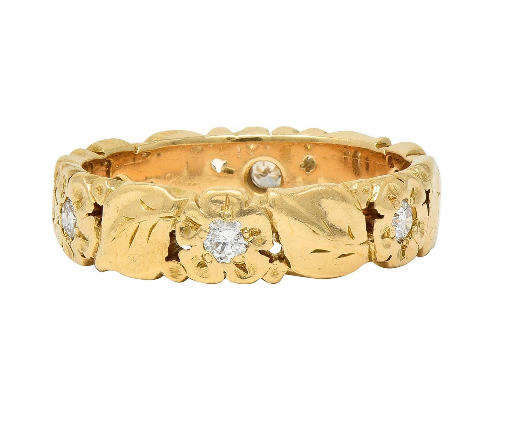 Oakes Arts & Crafts Diamond 14 Karat Yellow Gold Antique Floral Band Ring 2