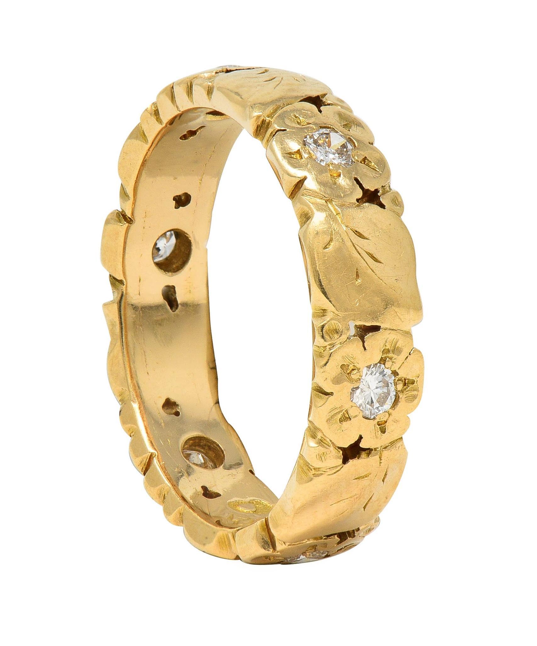 Oakes Arts & Crafts Diamond 14 Karat Yellow Gold Antique Floral Band Ring 3