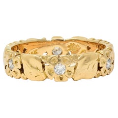 Oakes Arts & Crafts, bague jonc floral ancien en or jaune 14 carats avec diamants