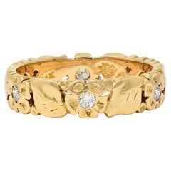 Oakes Arts & Crafts Diamond 14 Karat Yellow Gold Antique Floral Band Ring