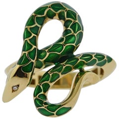 Oakgem Diamond Green Enamel Gold Snake Ring