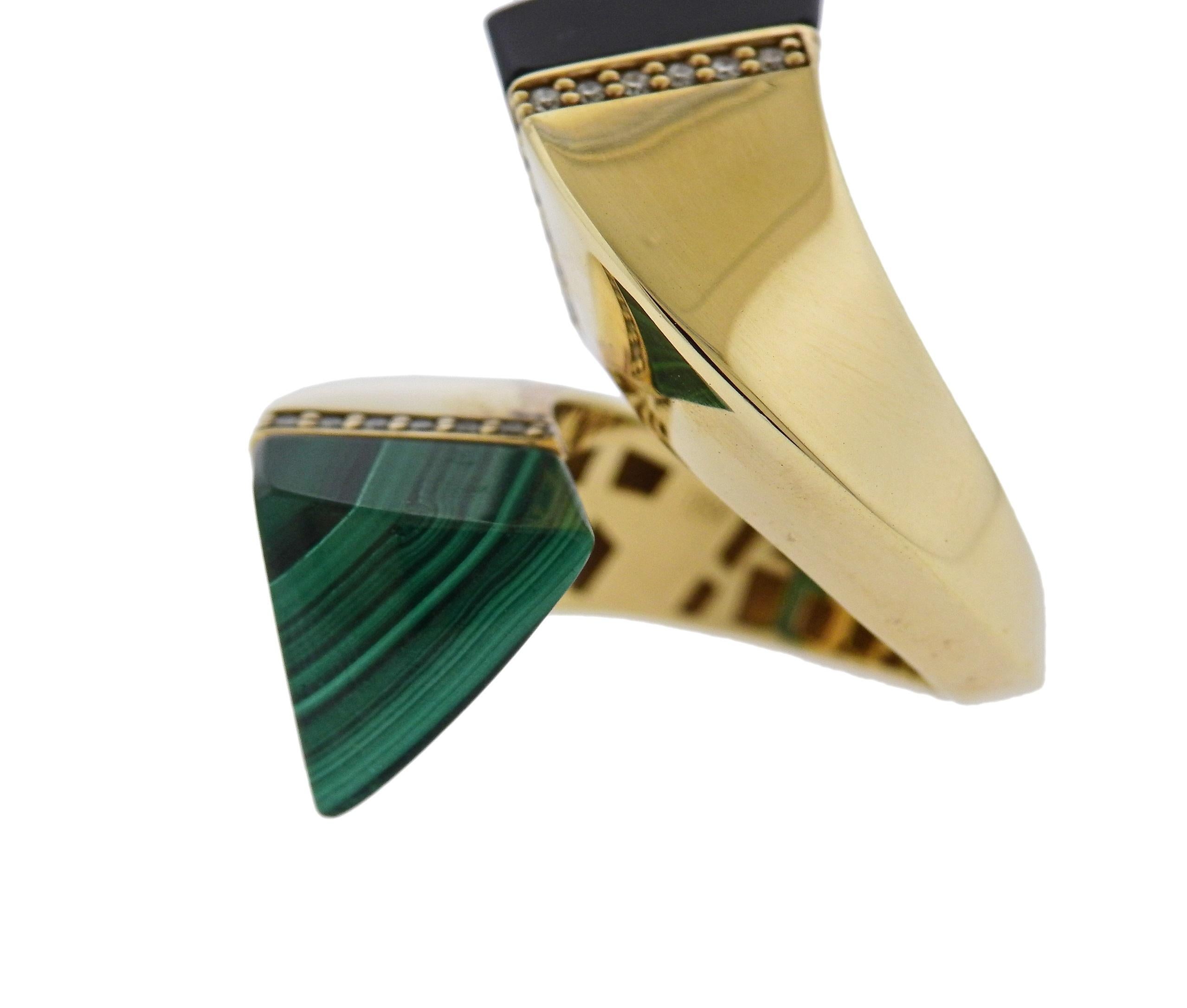 Oakgem Diamond Onyx Malachite Gold Bypass Ring In Excellent Condition In Lambertville, NJ