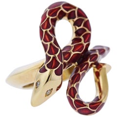 Oakgem Diamond Red Enamel Gold Snake Ring