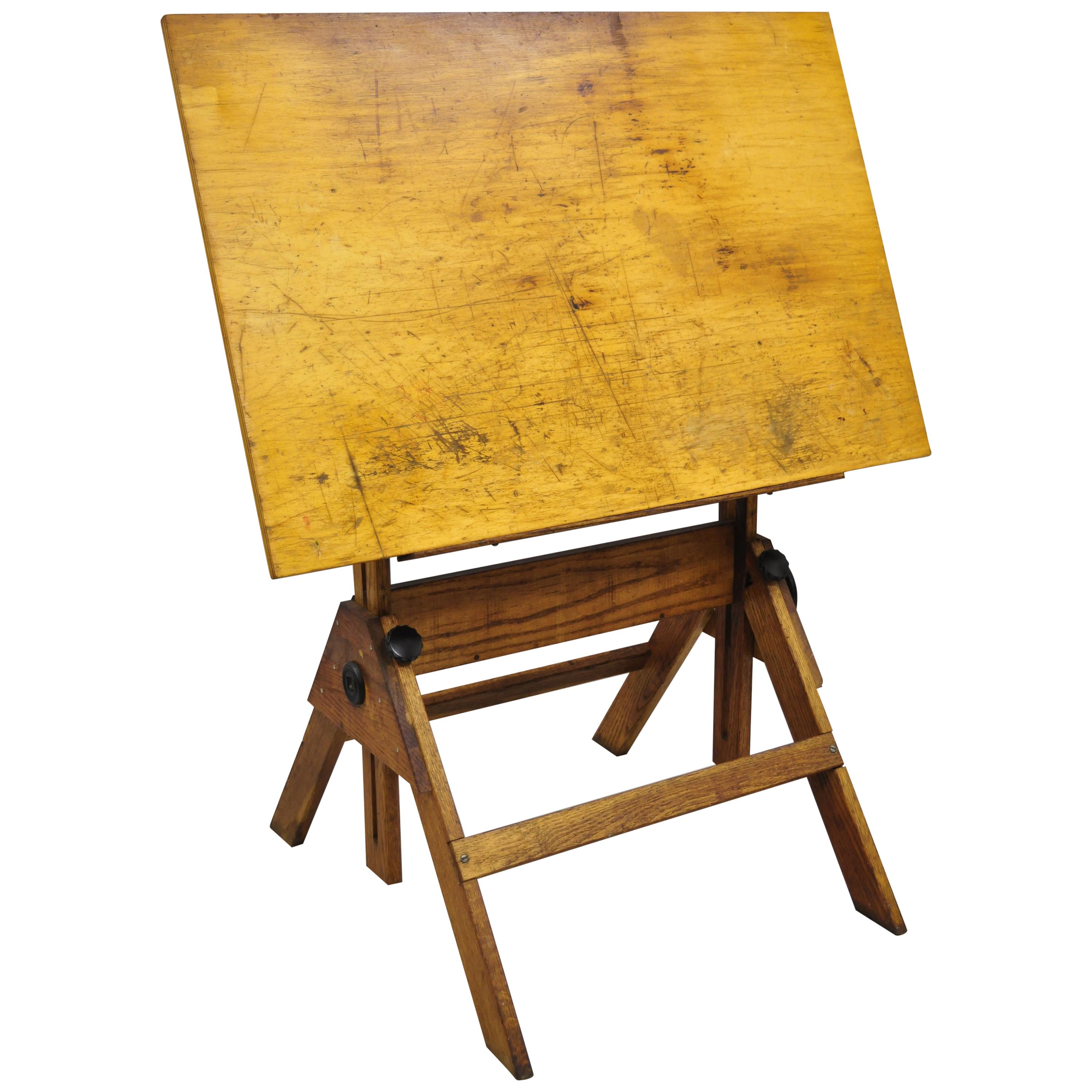 Oakwood and Cast Iron Adjustable Small Drafting Table Attributed to Hamilton