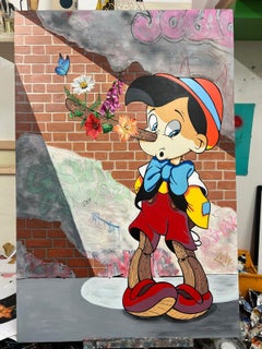 Tableau « Pinocchio », huile et acrylique sur bois texturé, 24 x 36 pouces, signé
