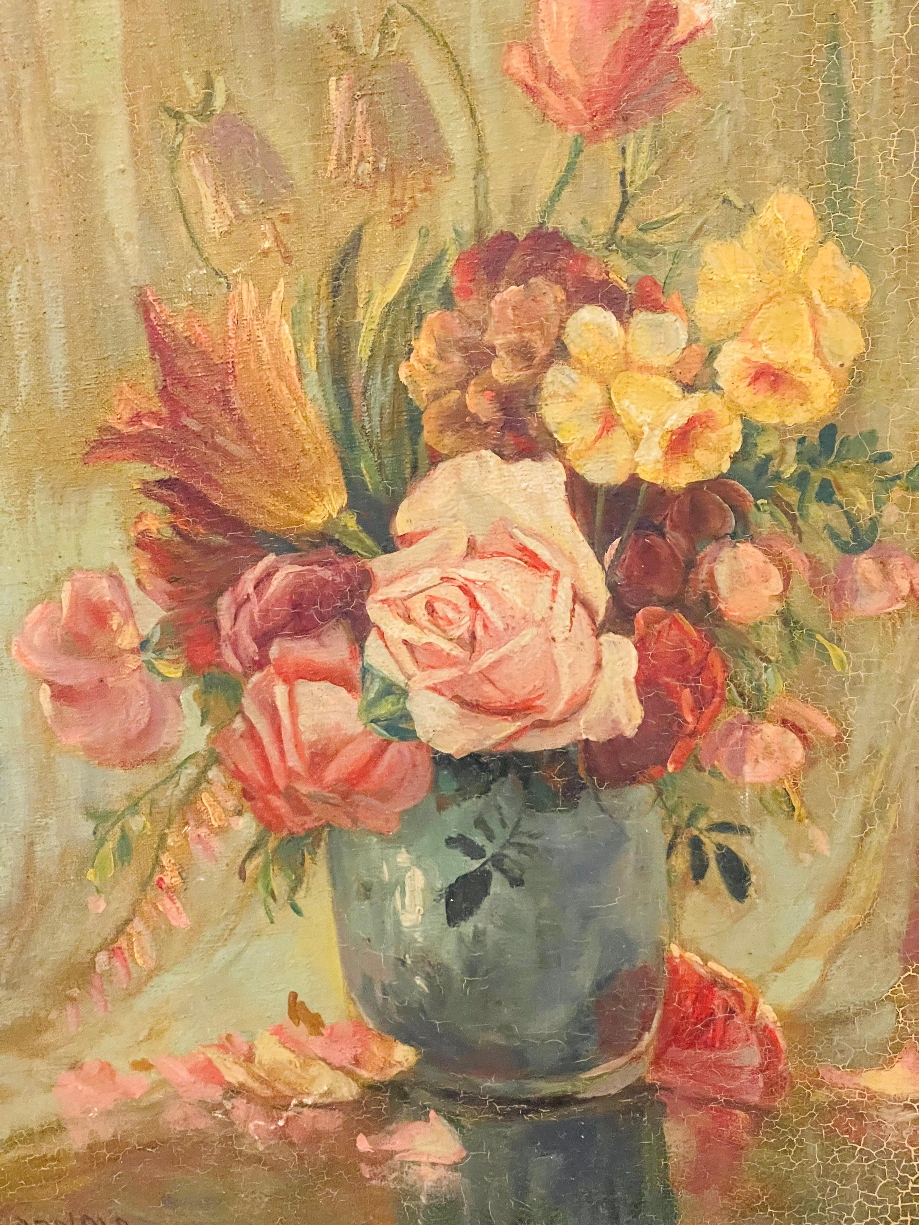 Antike Öl-auf-Karton-Malerei signiert unten links O. Arnold. Stilleben mit Blumen in einer blauen Vase. Goldener Rahmen. Anzeichen von Alter cracquellure .