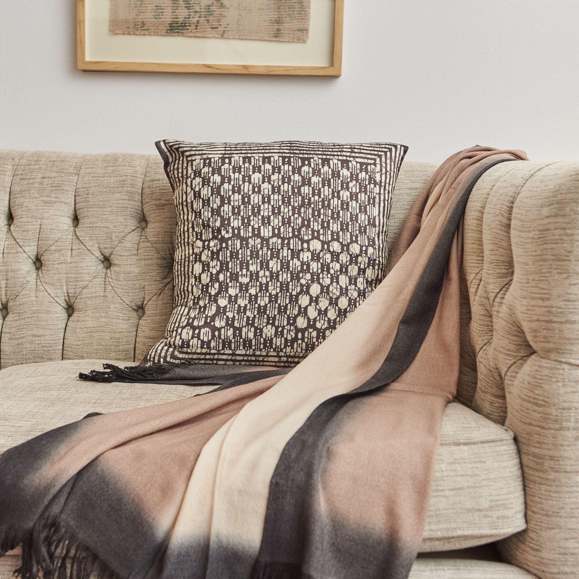 Oasis Charcoal Wax Block Print Modern Artisanal Mulberry Silk Pillow For Sale 3