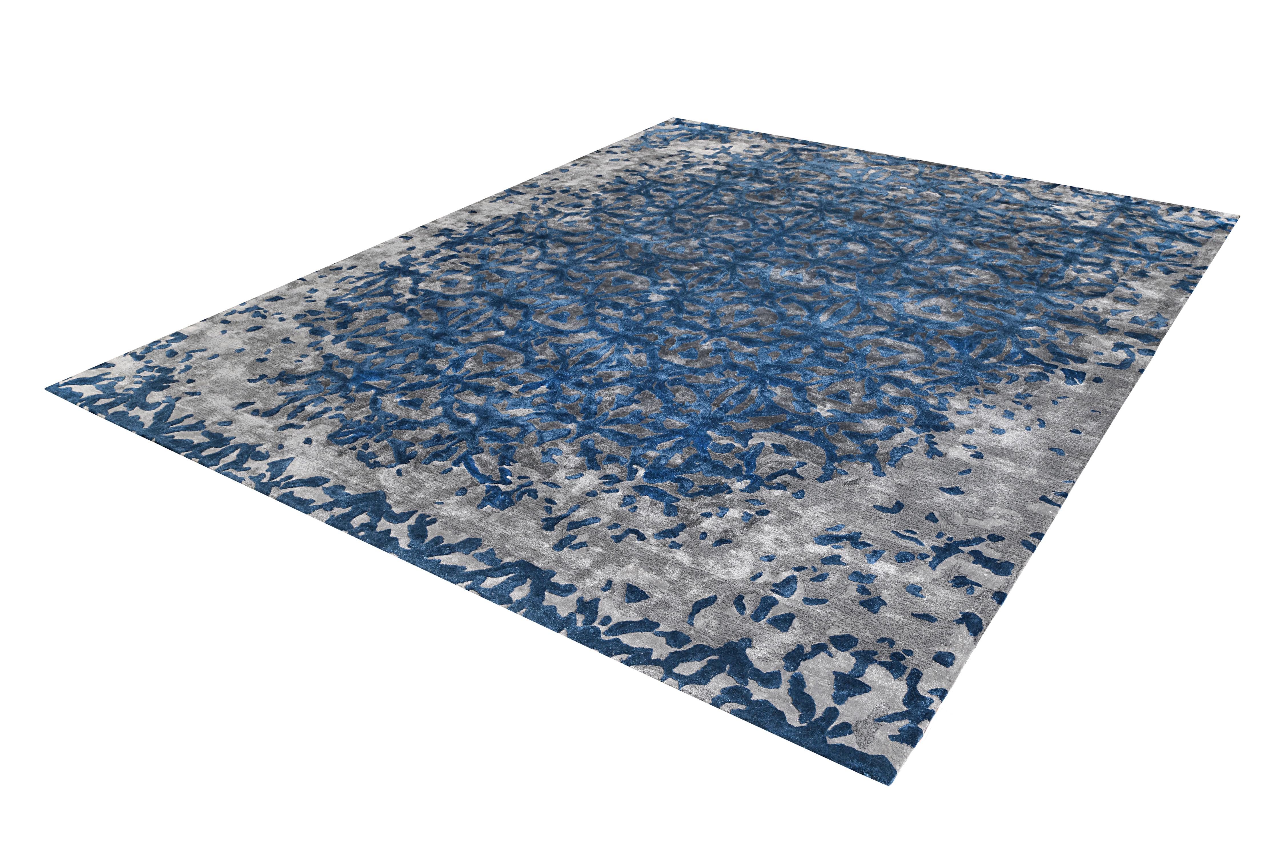 Hand-Crafted OASIS Hand Tufted Modern Silk Rug in Rust & Blue Colours By Hands For Sale
