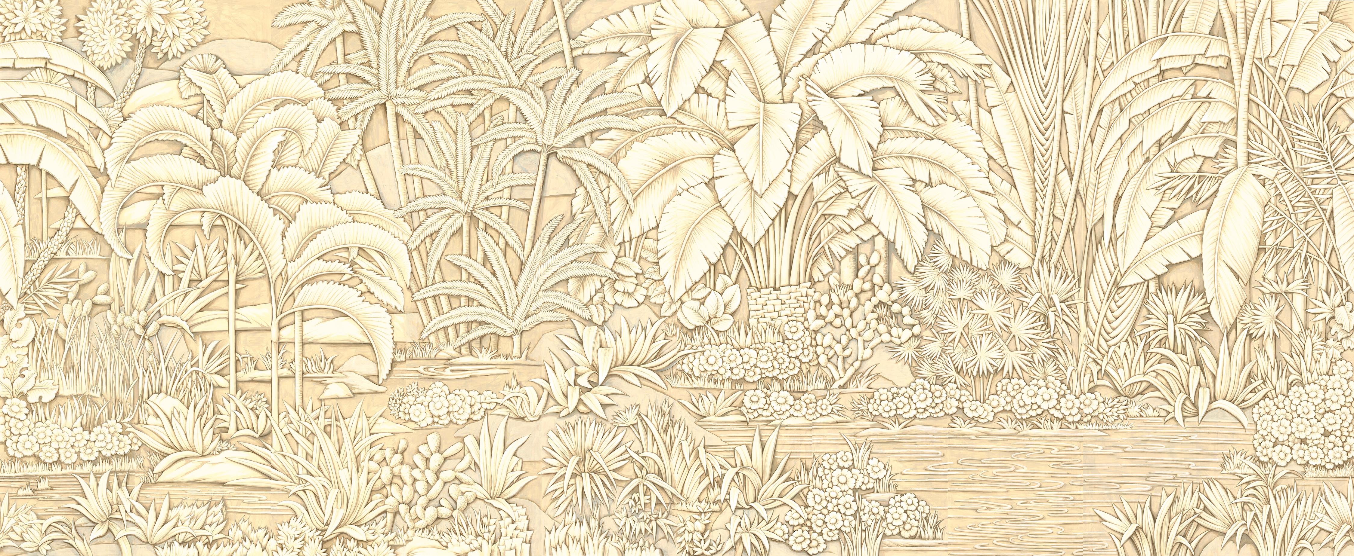 Beautifully rendered in the bas relief Art Deco style, Oasis is a hand painted wall covering of a lush desert garden. The mural is made up of 10 consecutive panels of hand crafted paper. Each panel is three feet wide and ten feet tall. Full mural is