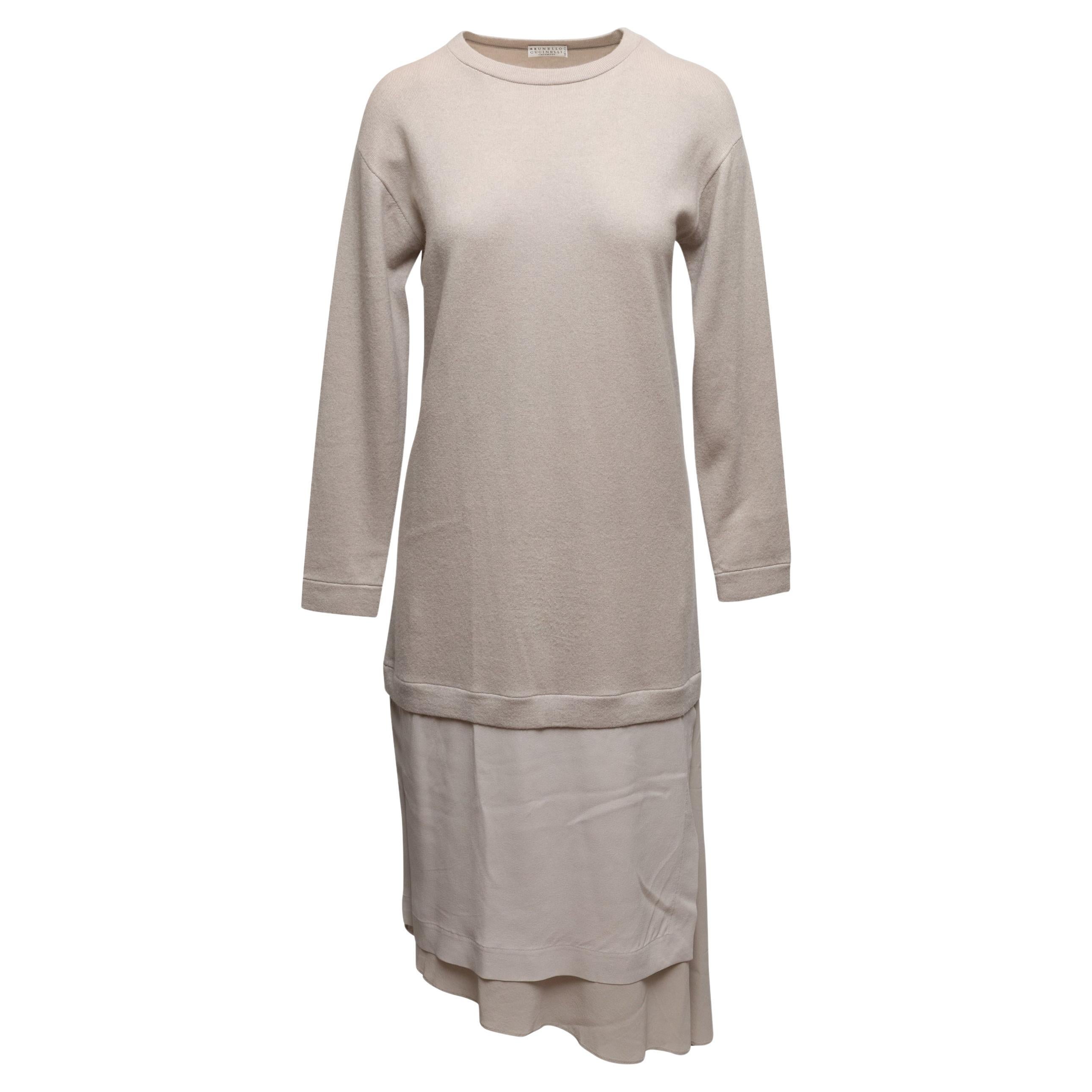 Oatmeal Brunello Cucinelli Cashmere & Silk Layered Dress Size US S For Sale