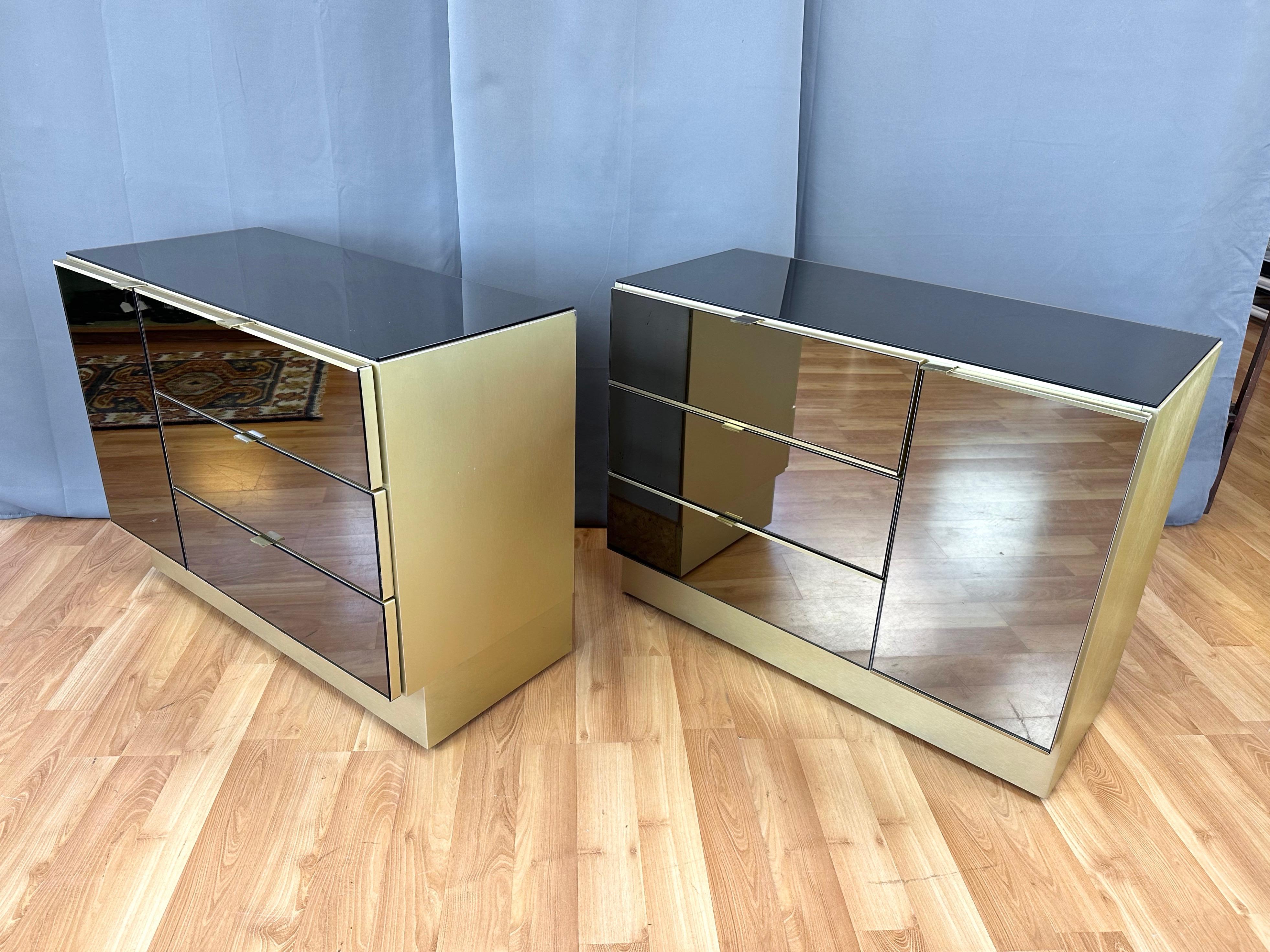 Hollywood Regency O.B. Solie for Ello Mirrored and Brass Bachelor Chest, circa 1980, Two Available