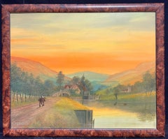 Figure Riding through Orange Sunset over Valley Antique English Oil Painting
