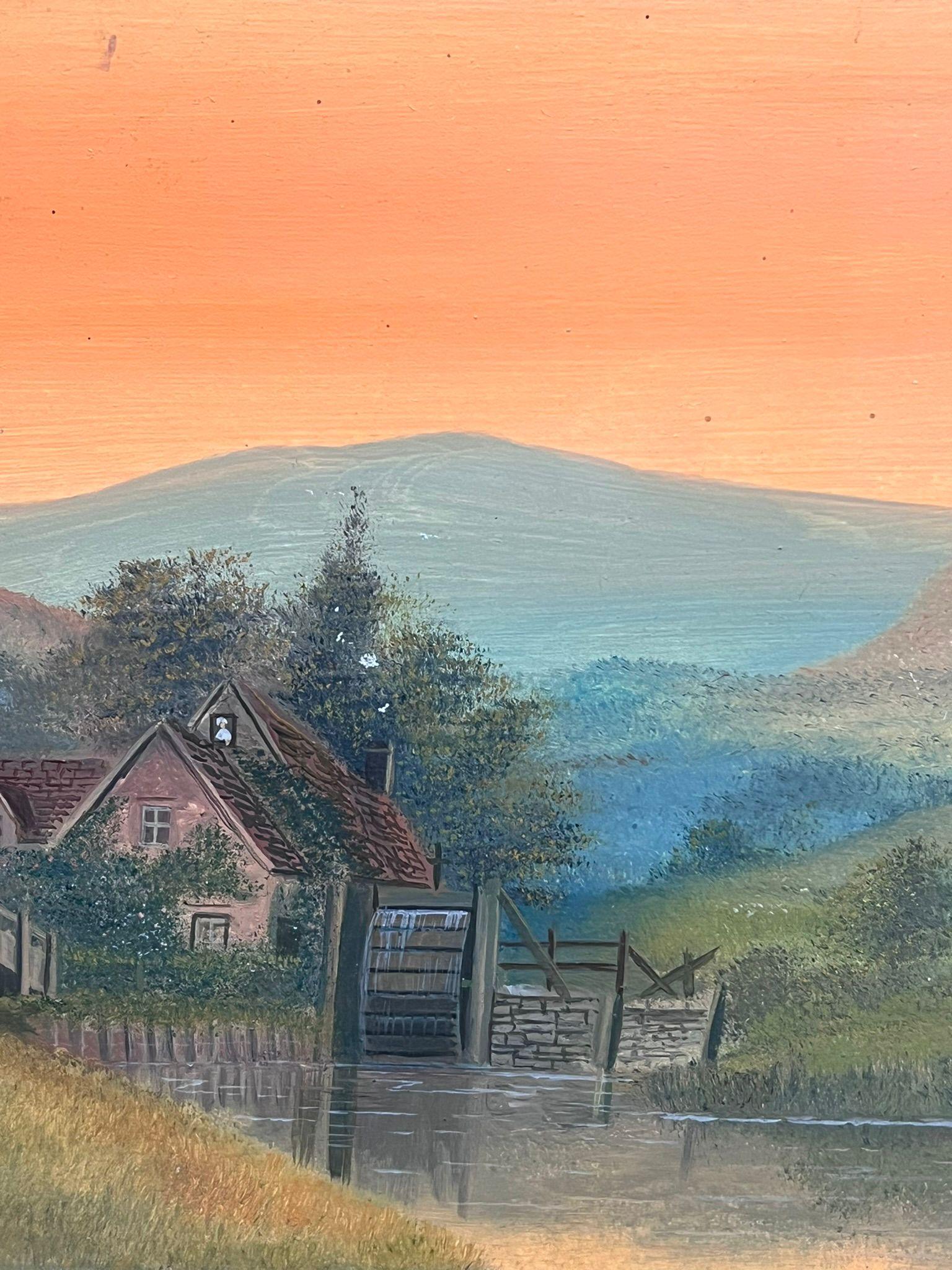 Figura che cavalca attraverso il tramonto arancione sulla valle Pittura ad olio inglese antica - Figurative Painting Beige di Obed Hodges