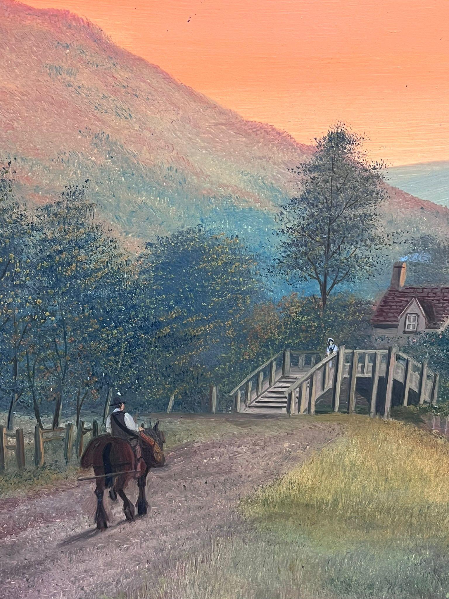 Figura che cavalca attraverso il tramonto arancione sulla valle Pittura ad olio inglese antica in vendita 1