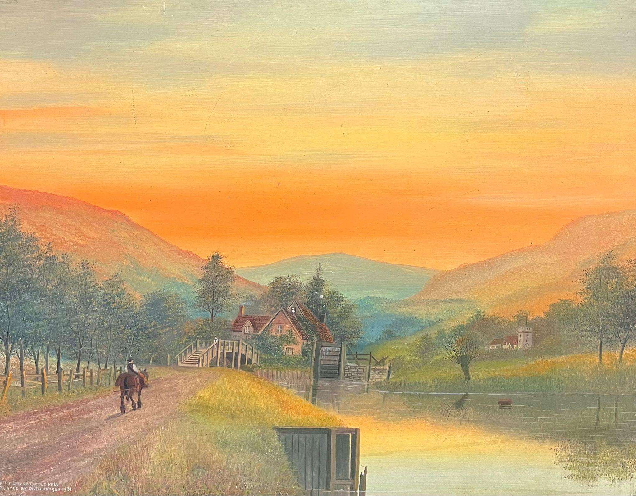 Figurative Painting di Obed Hodges - Figura che cavalca attraverso il tramonto arancione sulla valle Pittura ad olio inglese antica