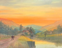 Figure Riding through Orange Sunset over Valley Antique English Oil Painting