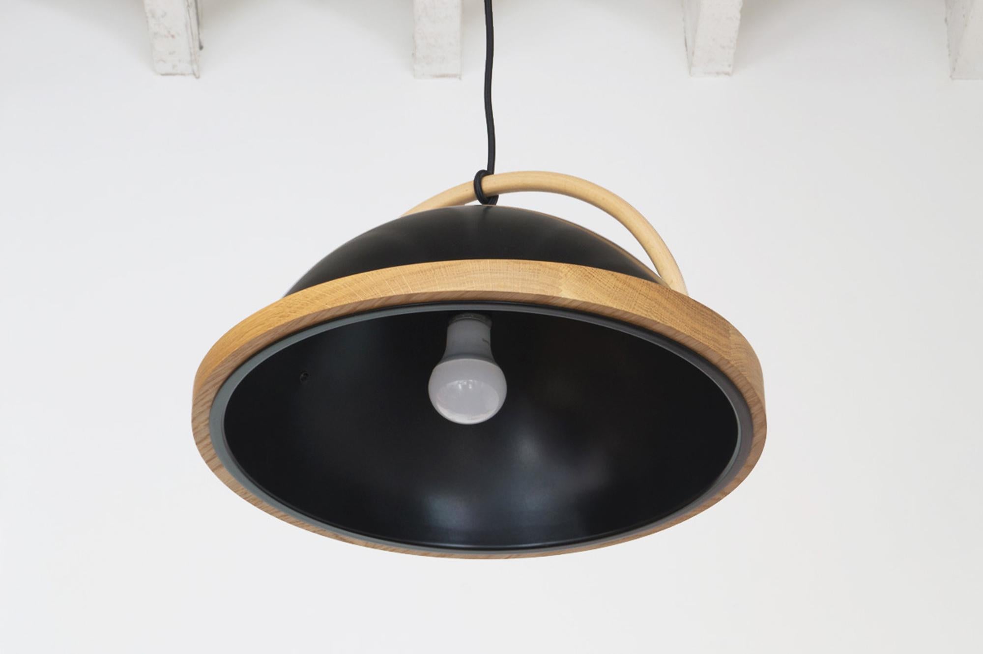 Modern Obelia Pendant Light in Black with Solid Oak Rim by Troy Backhouse For Sale