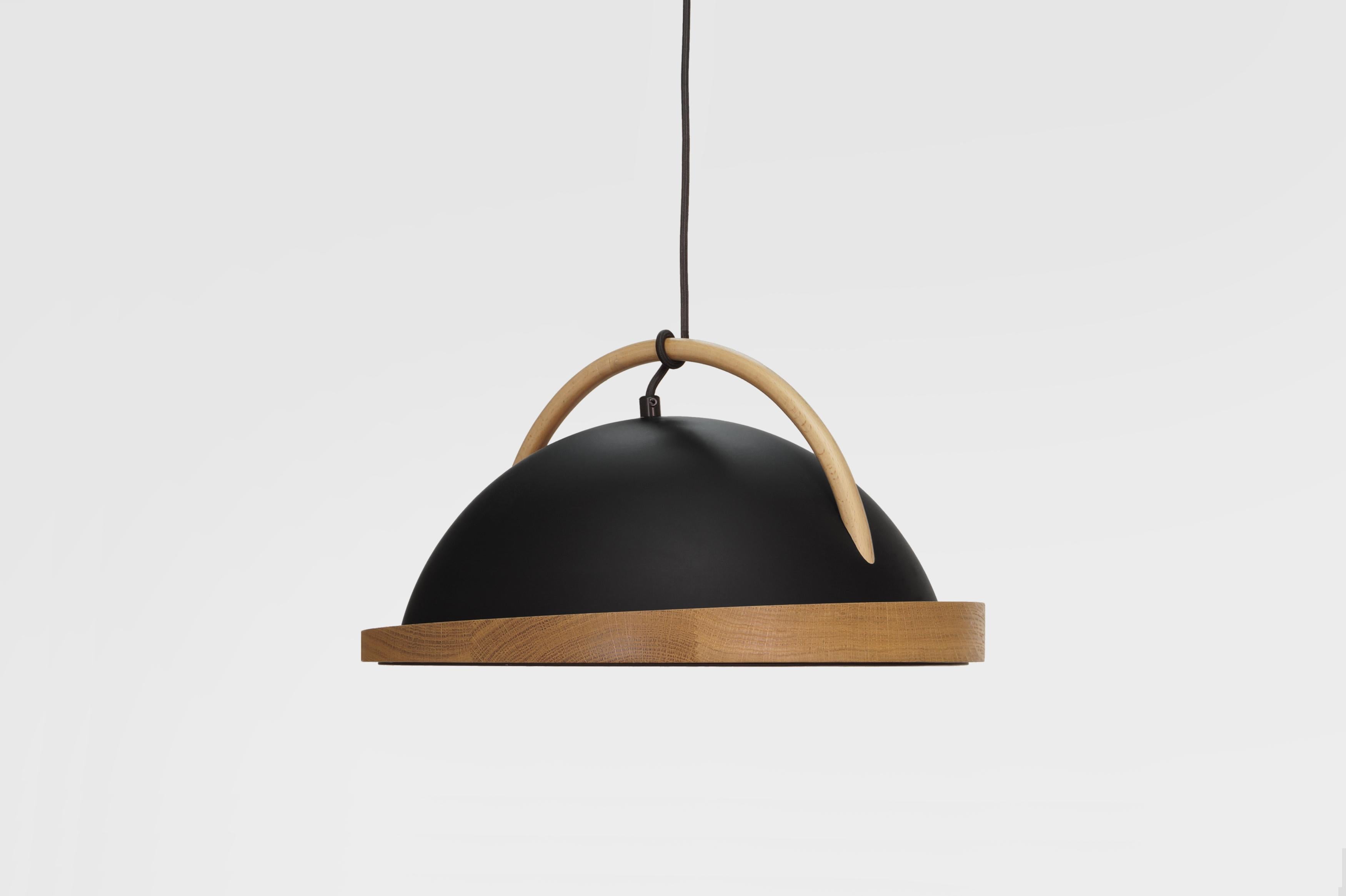 Oiled Obelia Pendant Light in Black with Solid Oak Rim by Troy Backhouse For Sale