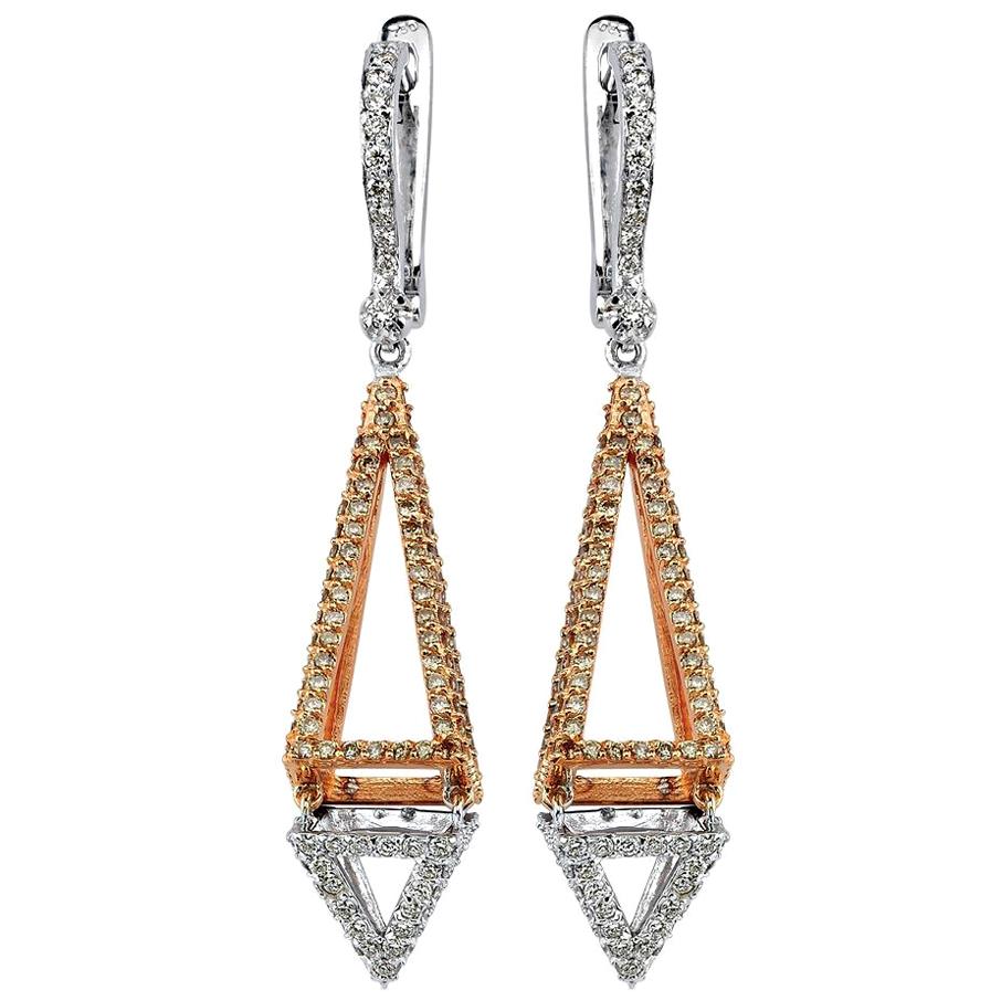  18k Gold Obelisk Dangle Earrings with White Diamonds Champagne Diamonds