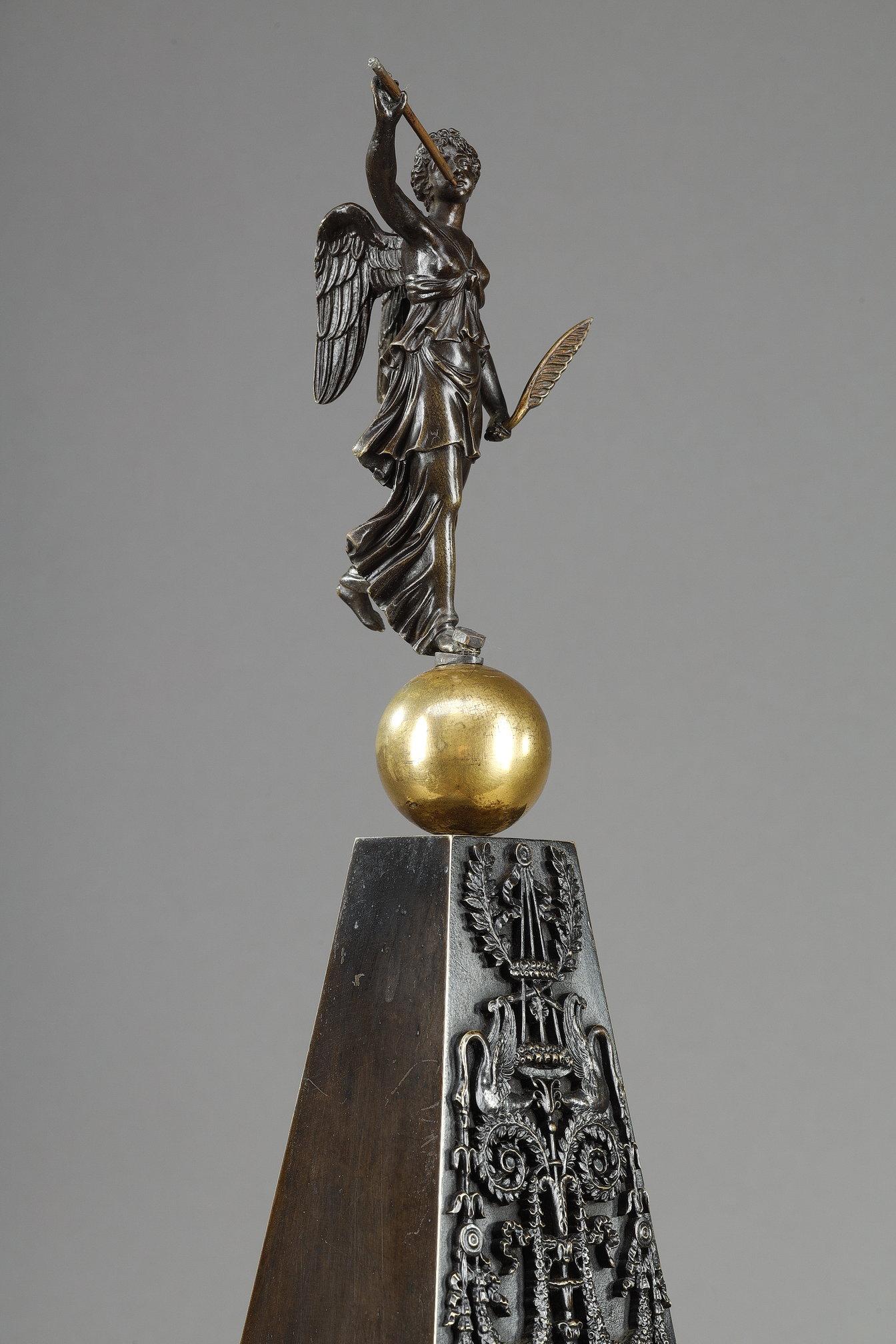 Obelisk clock in patinated and gilt bronze, Charles X For Sale 5