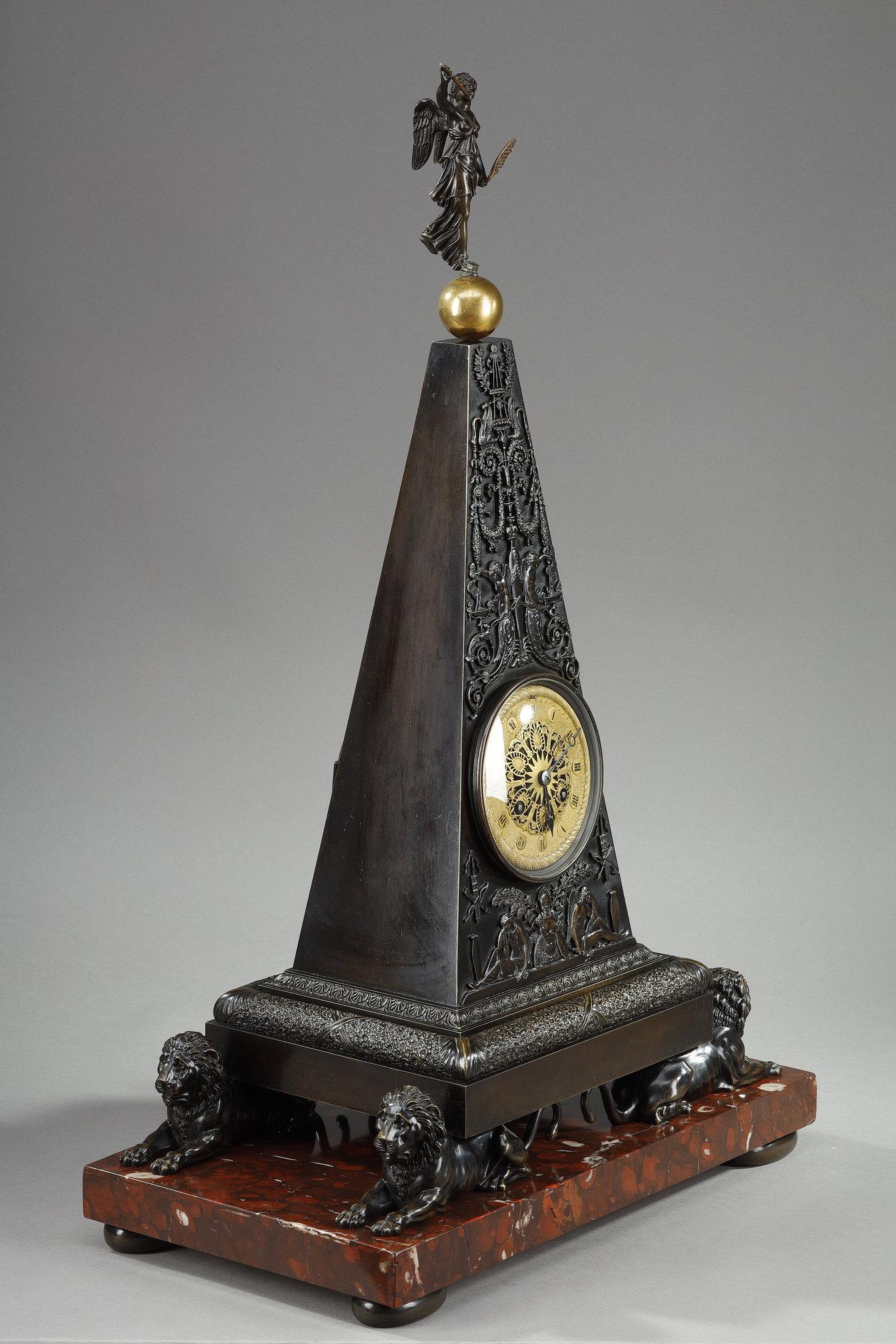 Gilt Obelisk clock in patinated and gilt bronze, Charles X For Sale