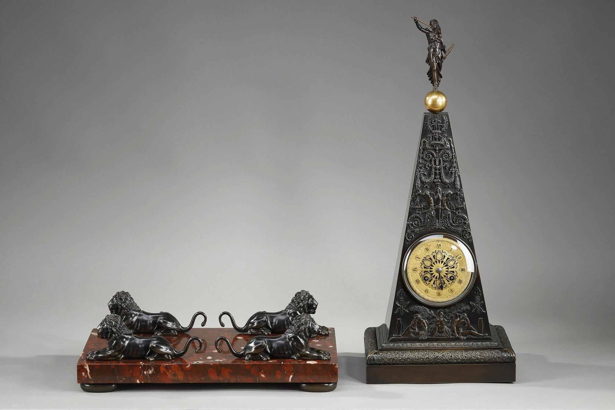 Early 19th Century Obelisk clock in patinated and gilt bronze, Charles X For Sale