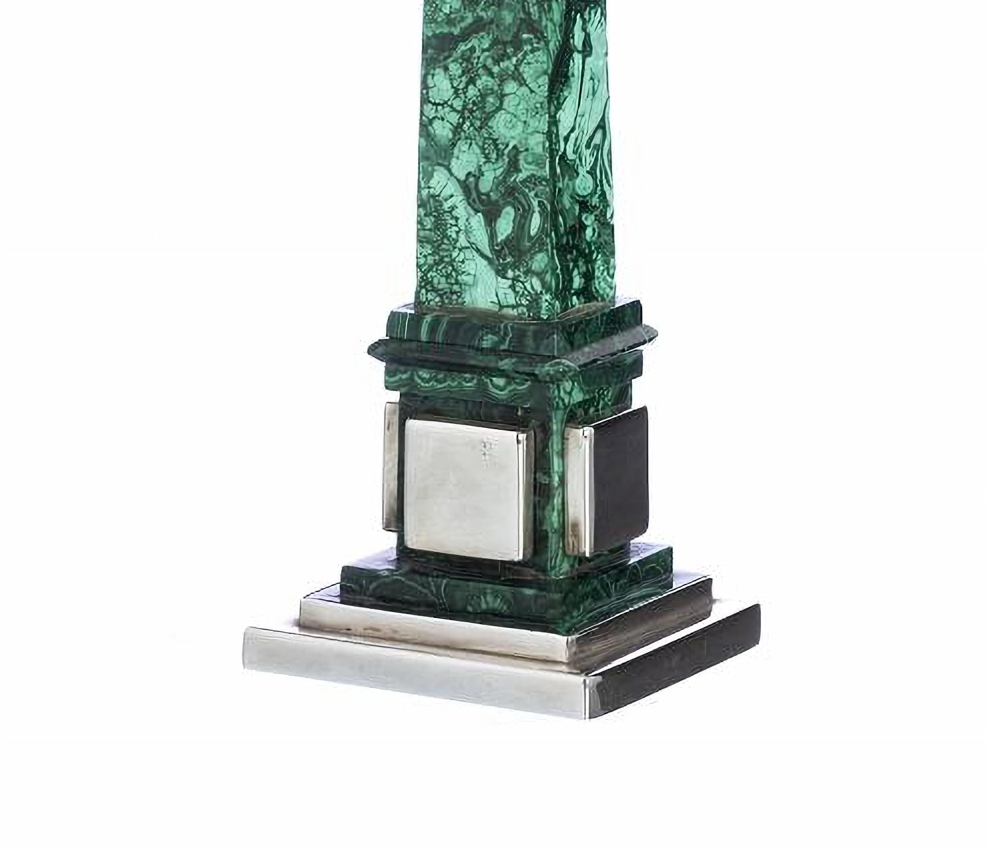 Modern Obelisk in Malachite with Silver Appliqués 20th Century For Sale
