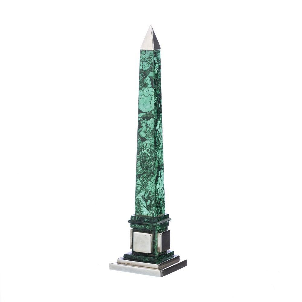 Hand-Crafted Obelisk in Malachite with Silver Appliqués 20th Century For Sale