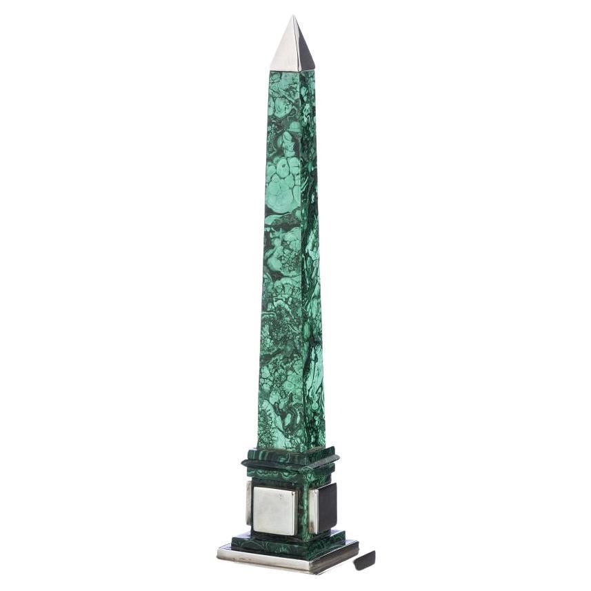 Obelisk in Malachite with Silver Appliqués 20th Century For Sale