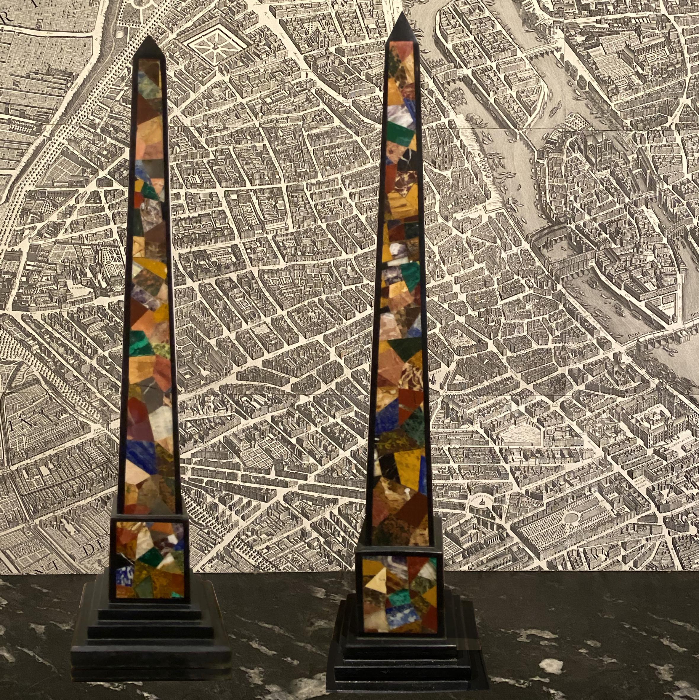 Victorian Obelisks 19th Century with One Side Precious Marble Inlay Lapis, Malachite