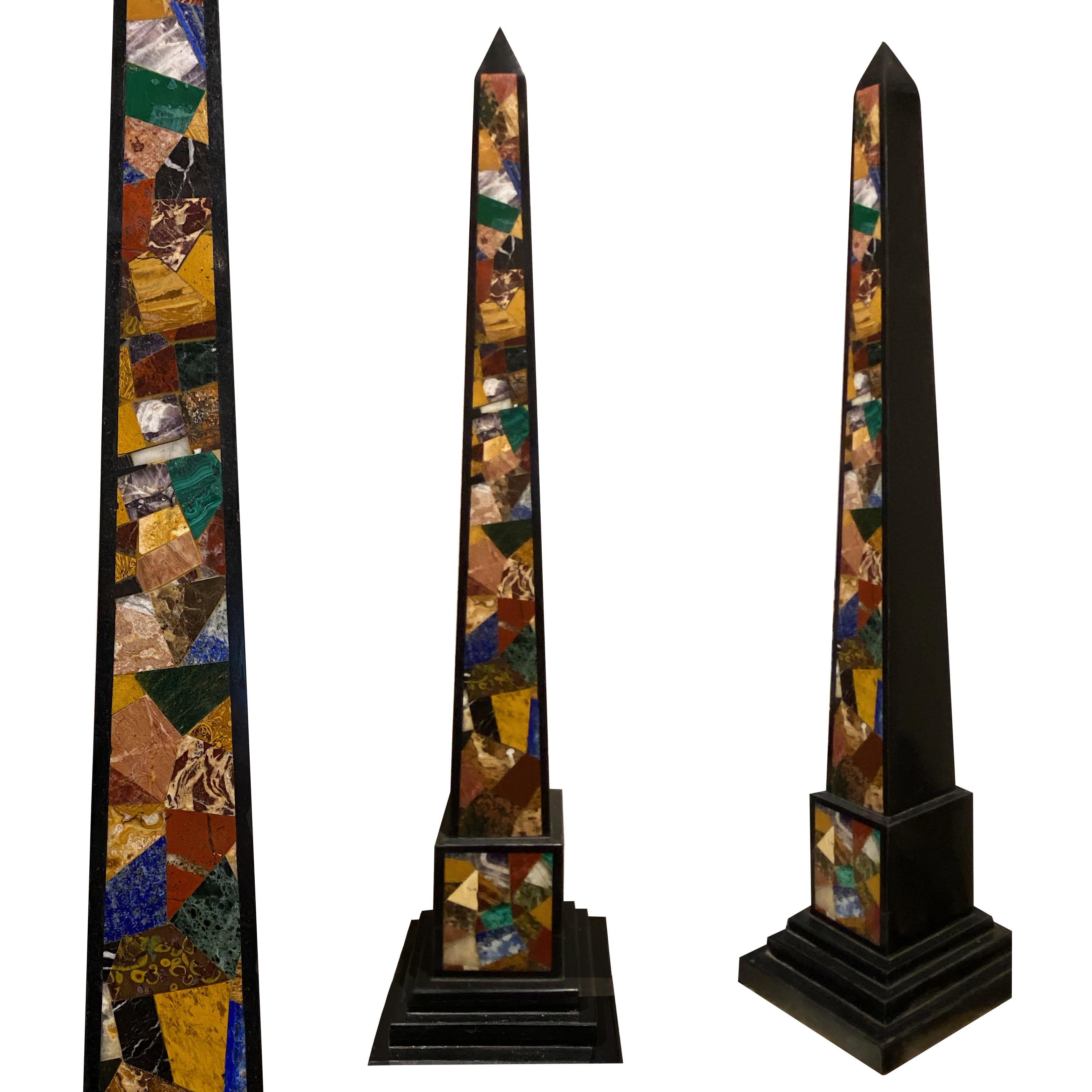 English Obelisks 19th Century with One Side Precious Marble Inlay Lapis, Malachite