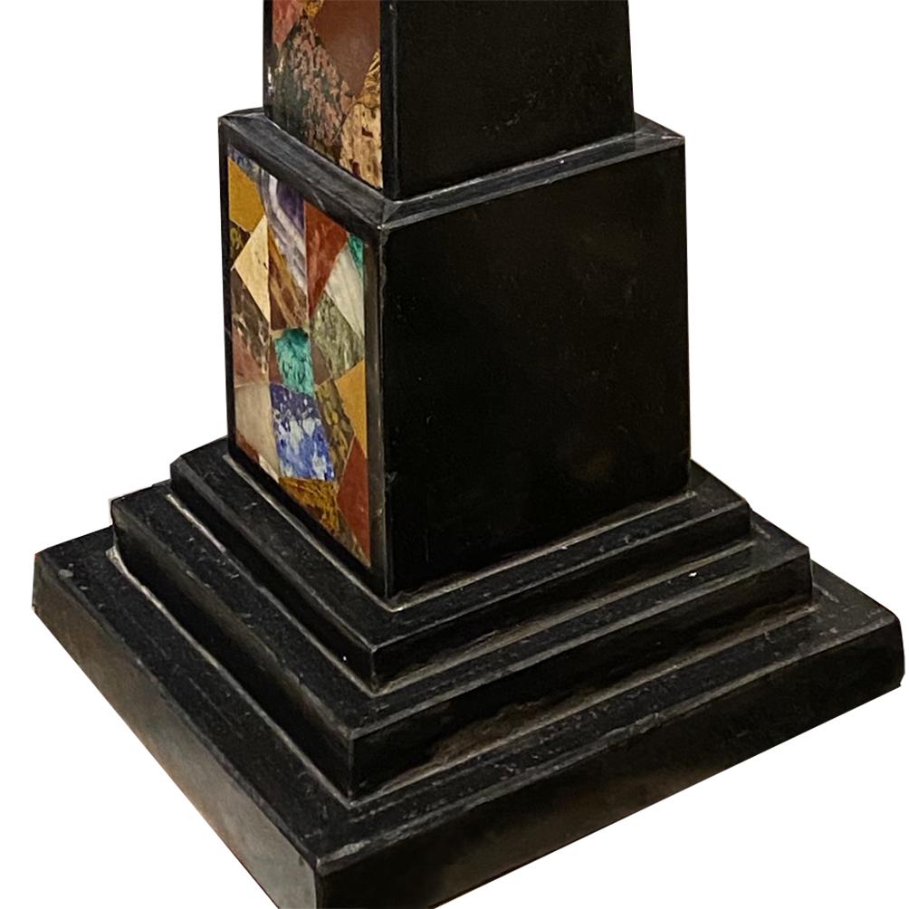 Marquetry Obelisks 19th Century with One Side Precious Marble Inlay Lapis, Malachite