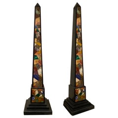 Antique Obelisks 19th Century with One Side Precious Marble Inlay Lapis, Malachite