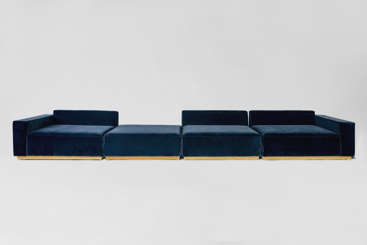 Oberon sofa by Atra Design.
Dimensions: D 512 x W 188 x H 60 cm.
Materials: fabric, brass.
Different back, back with arm and ottoman module combinations available.

1 x Back module
2 x Back module with arm
1 x ottoman

Atra Design
We are