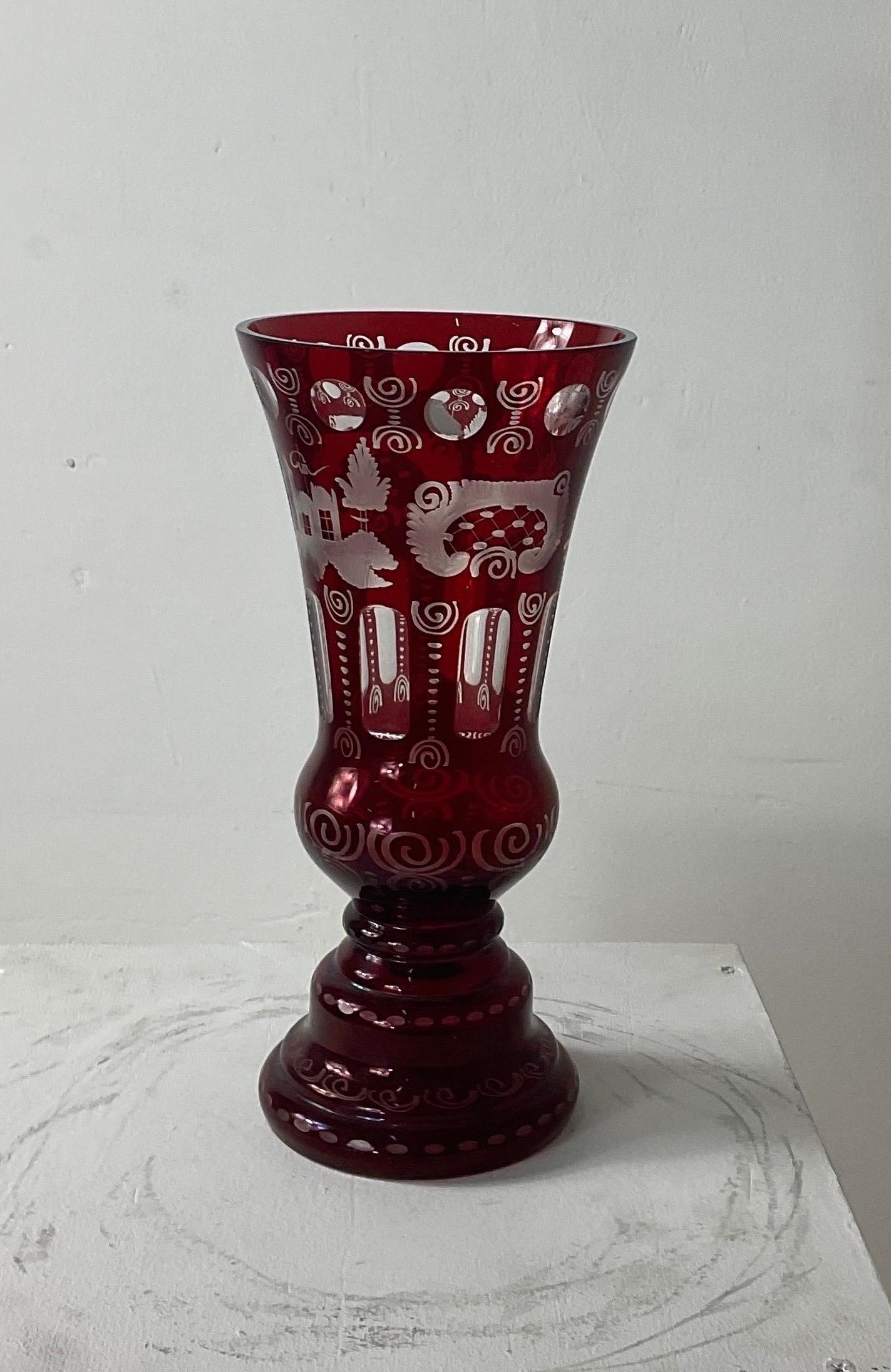 Oberstdorfer Glashütte - Egermann antique glass vase, bohemian glass, red ruby crystal, used glass collectable vase height 24 cm, diameter over 16 cm.