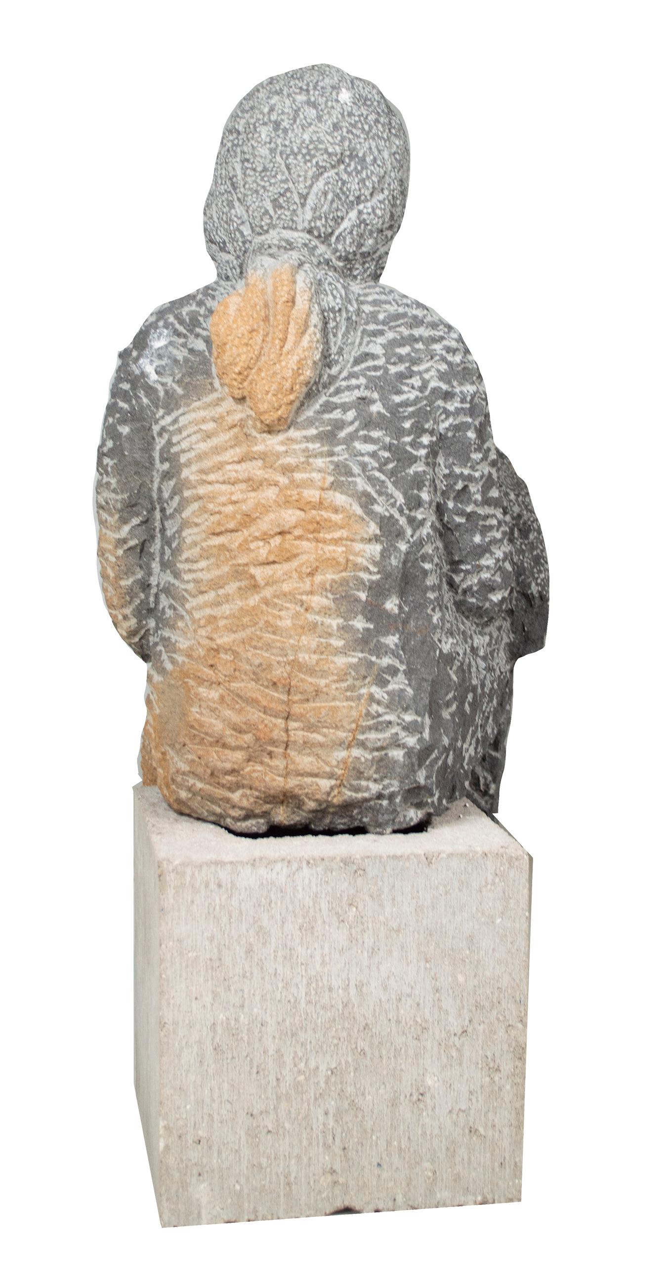 'Mother and Child' is an original stone sculpture by the Zimbabwean artist Obert Mukumbi. This sculpture is unlike most other examples of Shona sculpture in that it has been carved to sit on a step, ledge or shelf rather than to stand upright. While