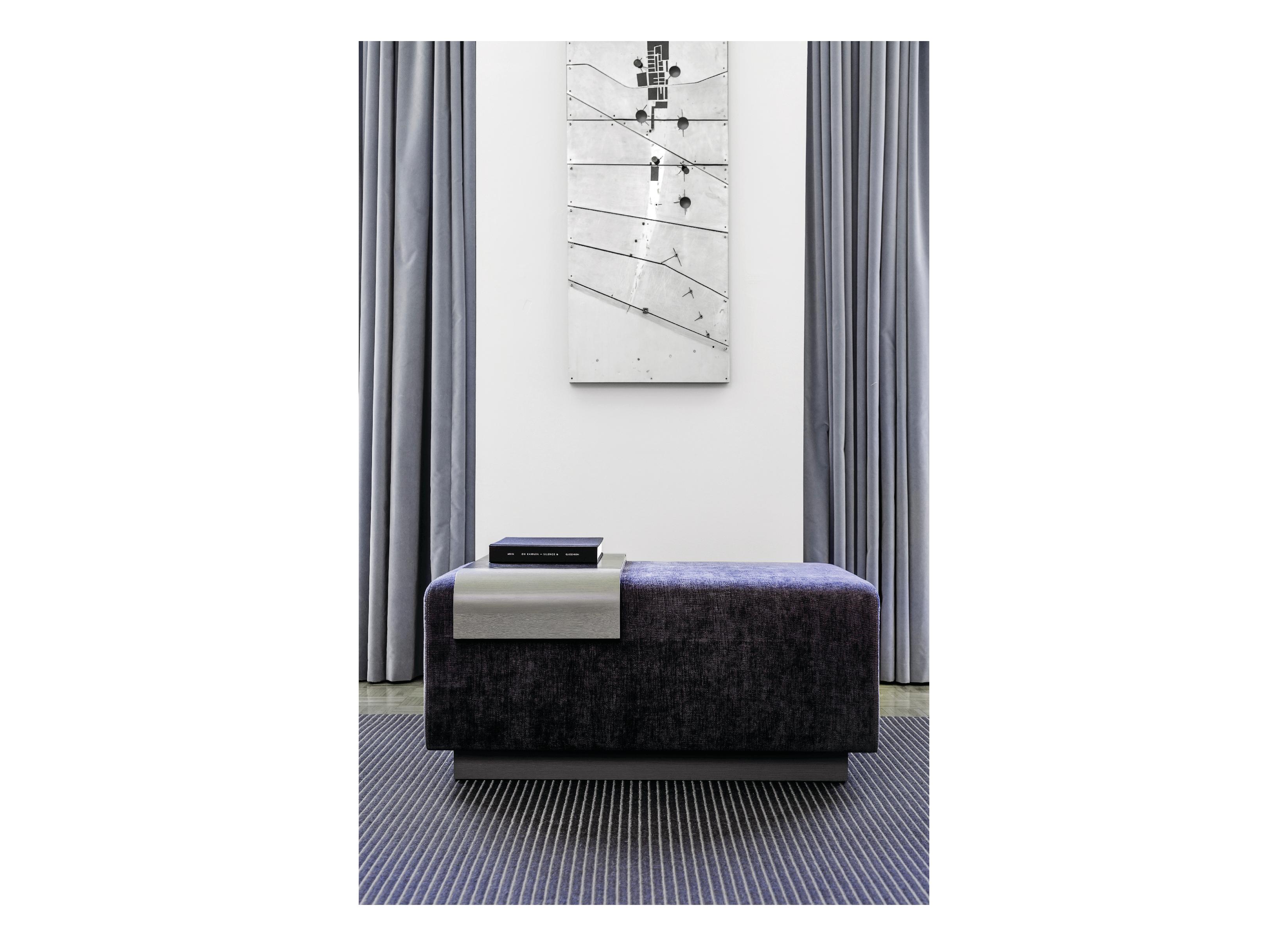 Modern Obi Ottoman, Lavender Violet Wool Upholstery with Cerused Oak and Steel Tray For Sale