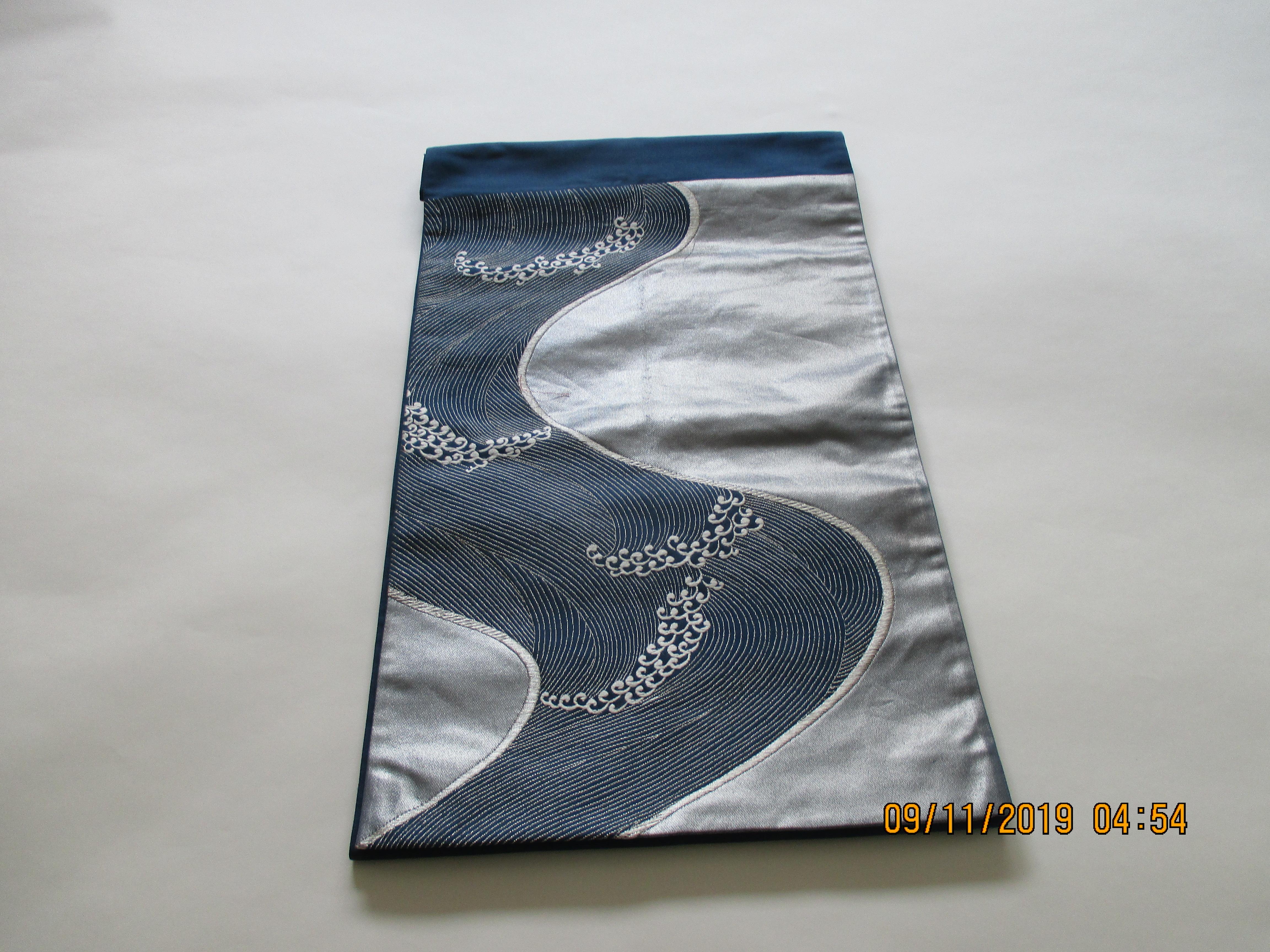 Japonisme Obi Textile with Gray and Silver Waves Pattern