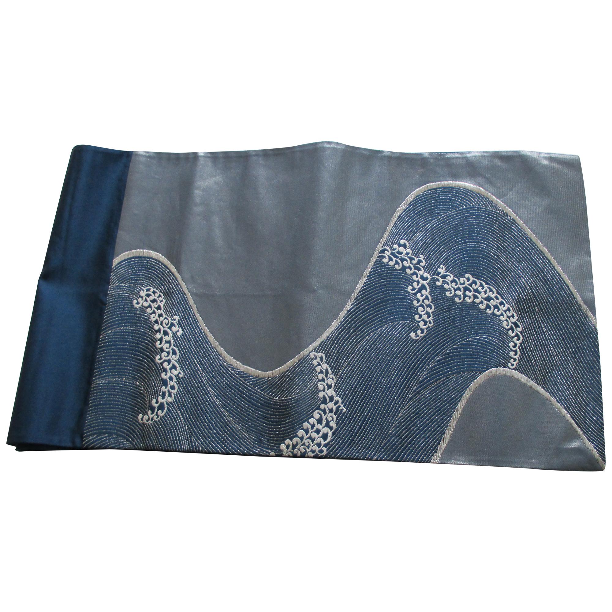 Obi Textile with Gray and Silver Waves Pattern