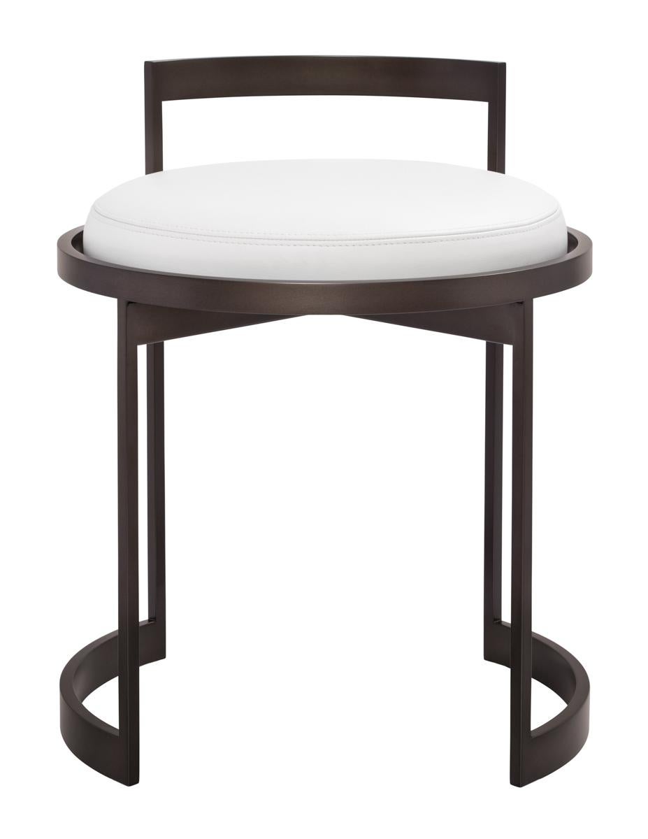 Lightweight plated or powder coat steel frame vanity stool with upholstered swivel seat and stationary metal back rest. Tightly upholstered swivel seat with top-stitched seams. Seat height is 18