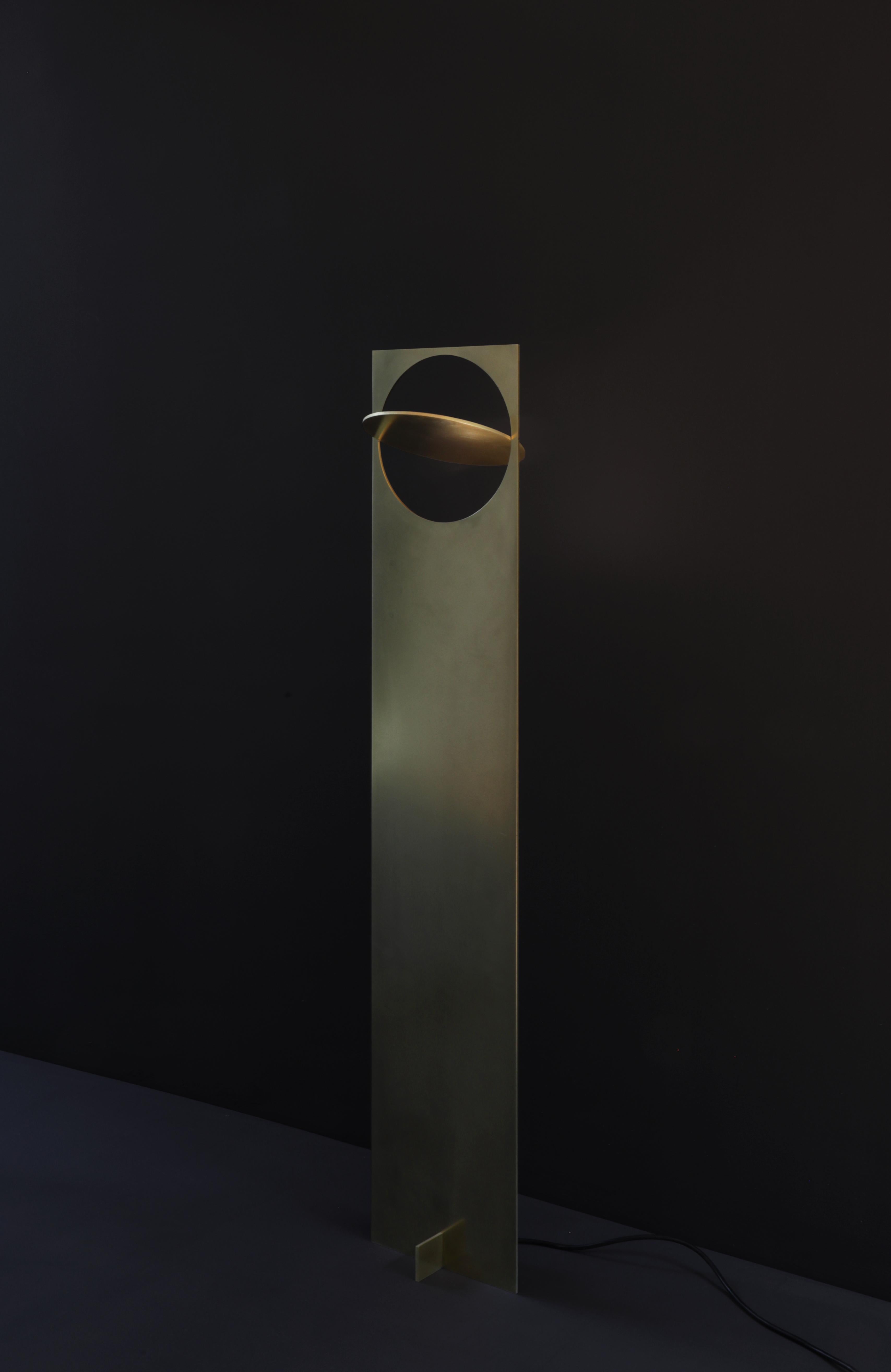 OBJ-01 brass floor lamp by Manu Bano
Dimensions: H 122 x W 24 x D 12 cm
Material: brass.

All lamps are wired for the US, but voltage converter is available for other countries. 

OBJ-01 is an understandable simple gesture, an object that