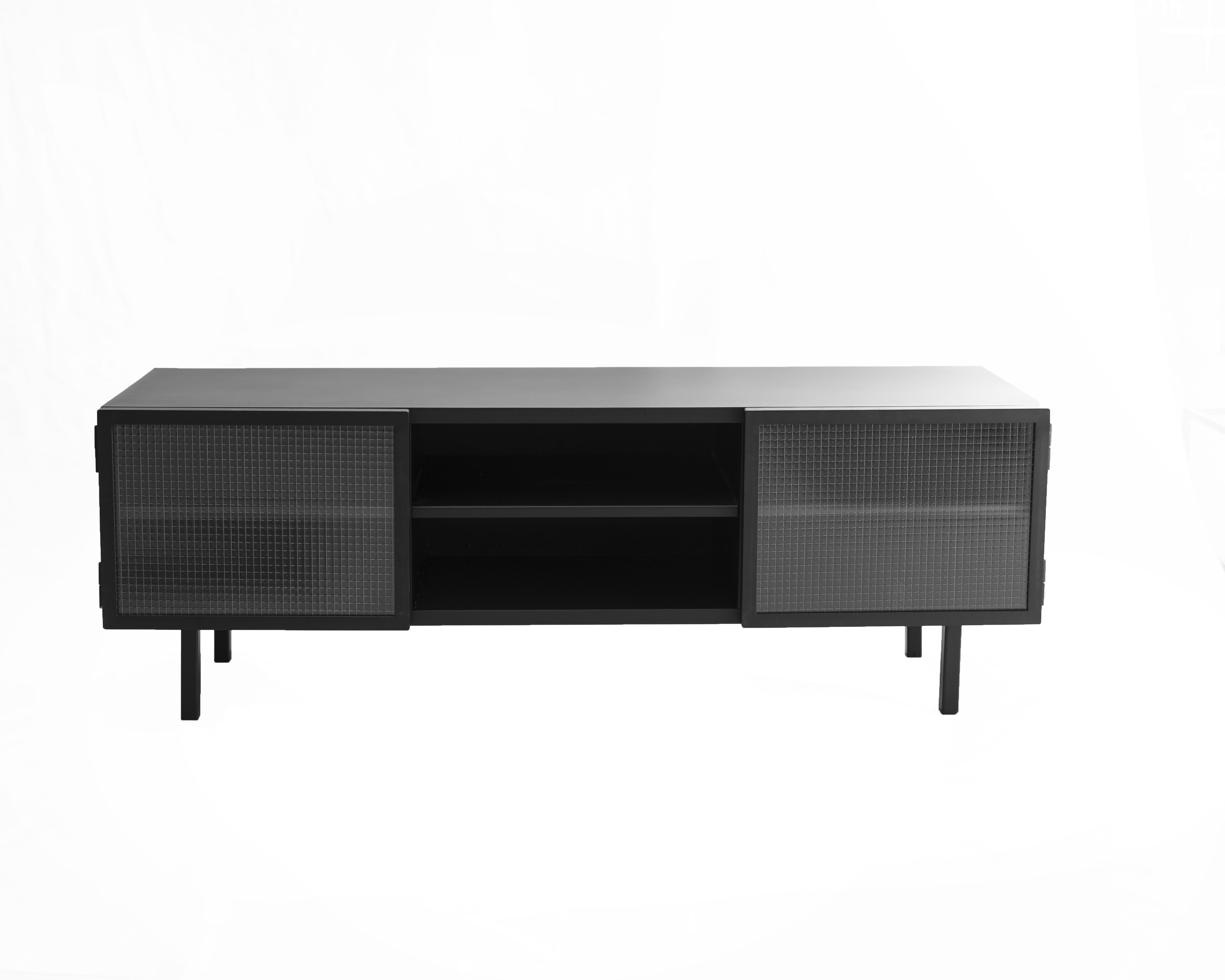 Object 023 TV cabinet by NG Design
Dimensions: D160 x W46 x H56 cm
Materials: Powder coated steel, Tempered Glass.

Also Available: All of objects available in different materials and colors on demand. 

Put your electronics in the middle,