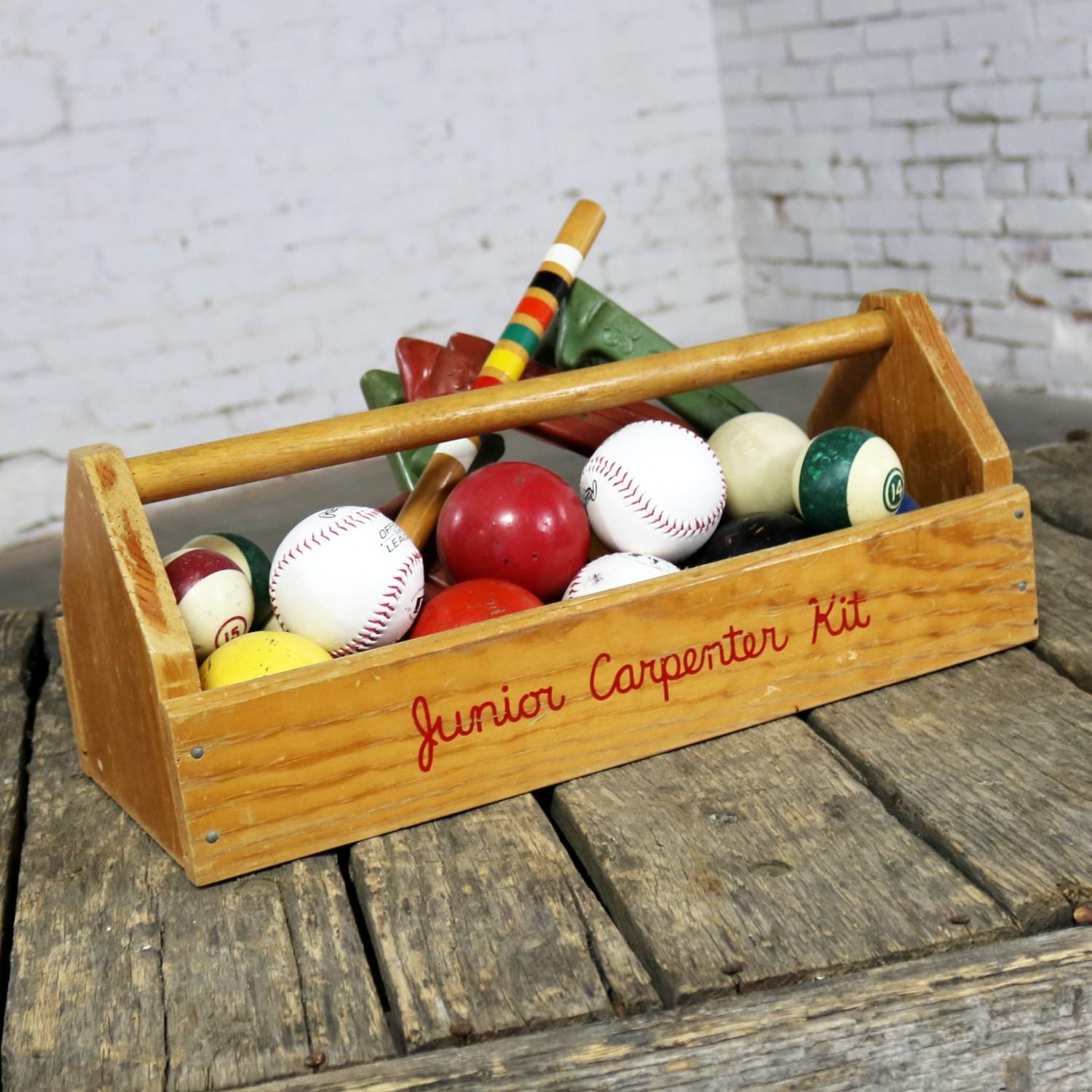 Object d ’Art Centerpiece Junior Carpenter Kit Tool Box with Balls and Horseshoe For Sale 3