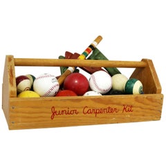 Used Object d ’Art Centerpiece Junior Carpenter Kit Tool Box with Balls and Horseshoe