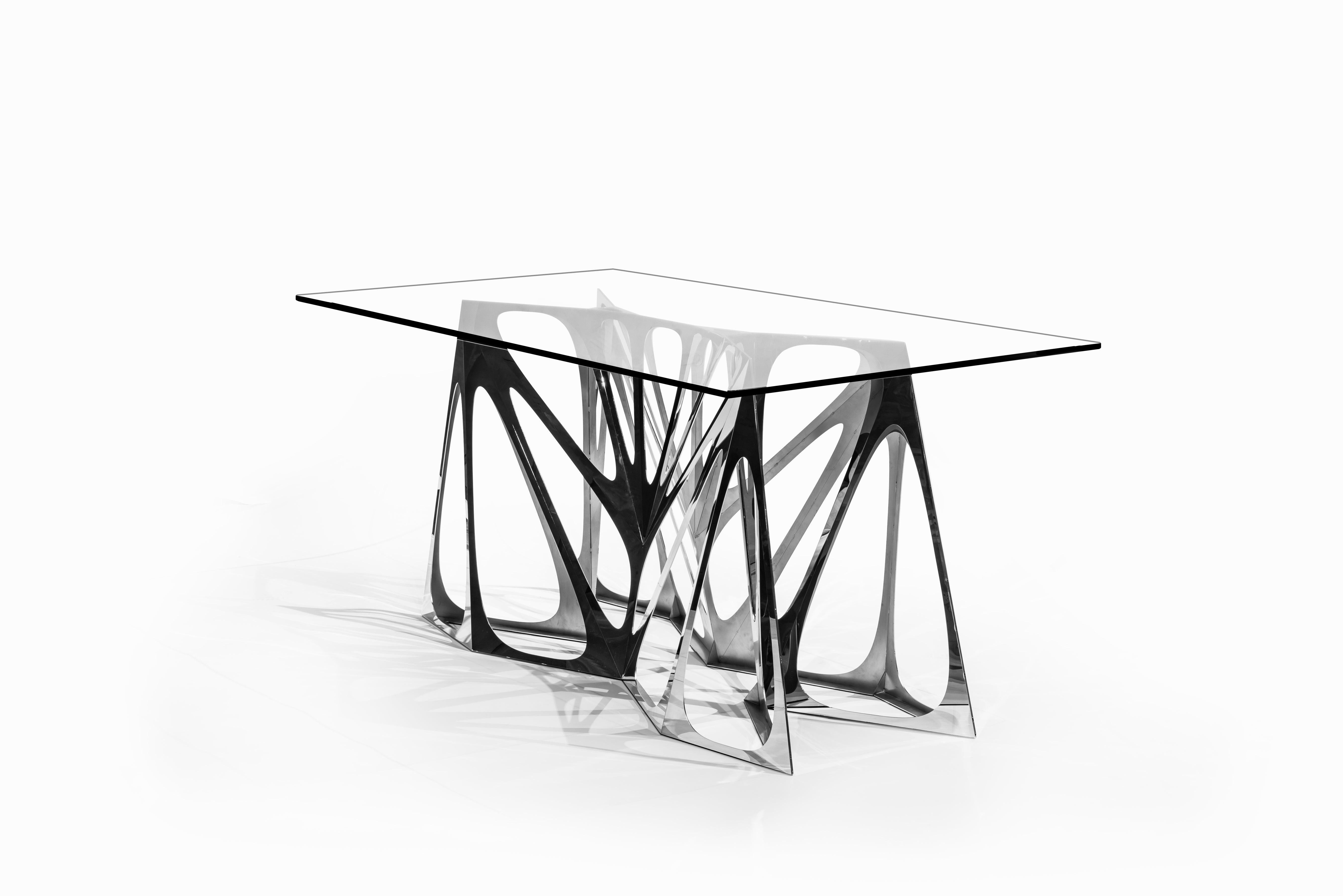 Chinese Object #MT-S4-F Mirror Polished Stainless Steel Table by Zhoujie Zhang For Sale